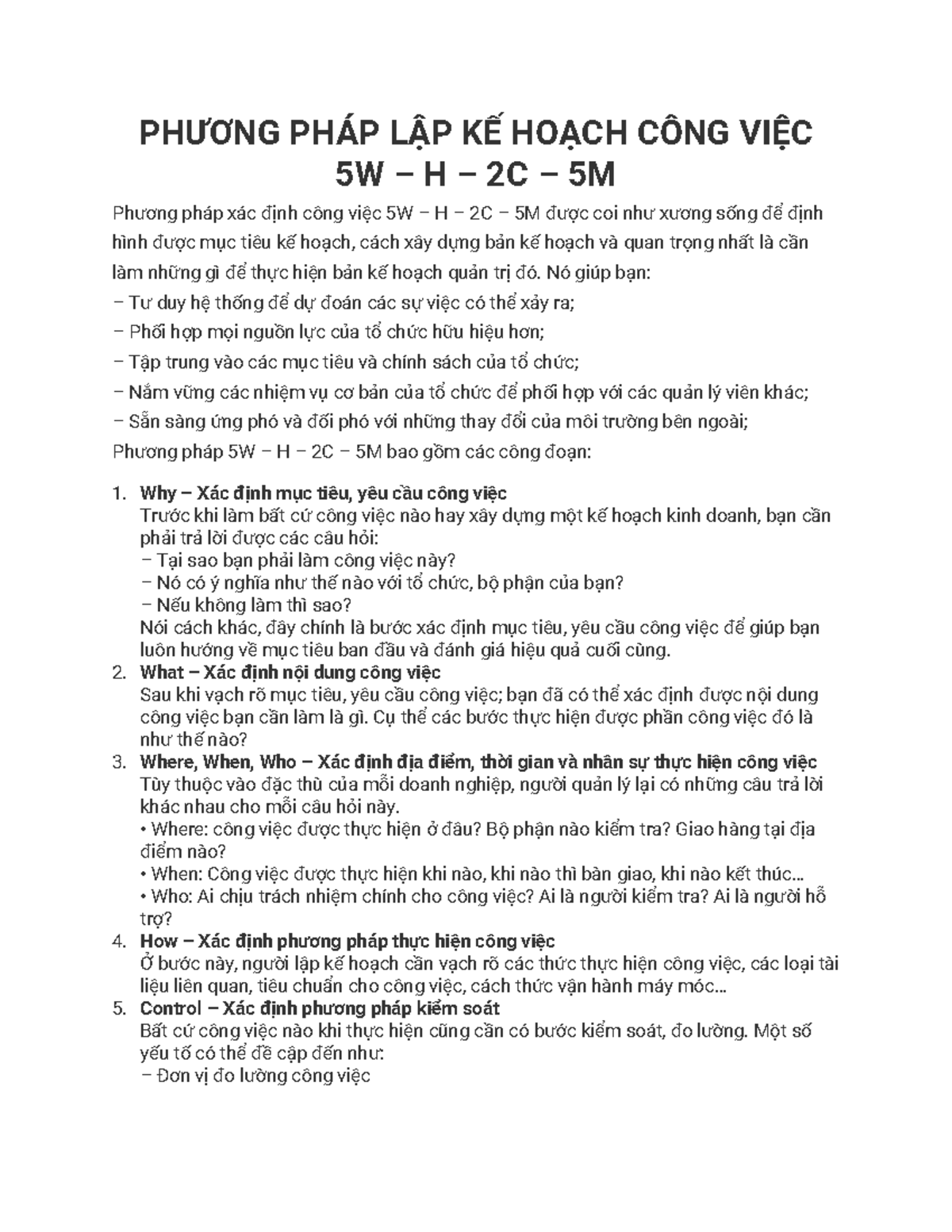 PHƯƠNG PHÁP LẬP KẾ HOẠCH CÔNG VIỆC 5W-H-2C-5M - PH ̄¡NG PH¡P LẬP KẾ ...