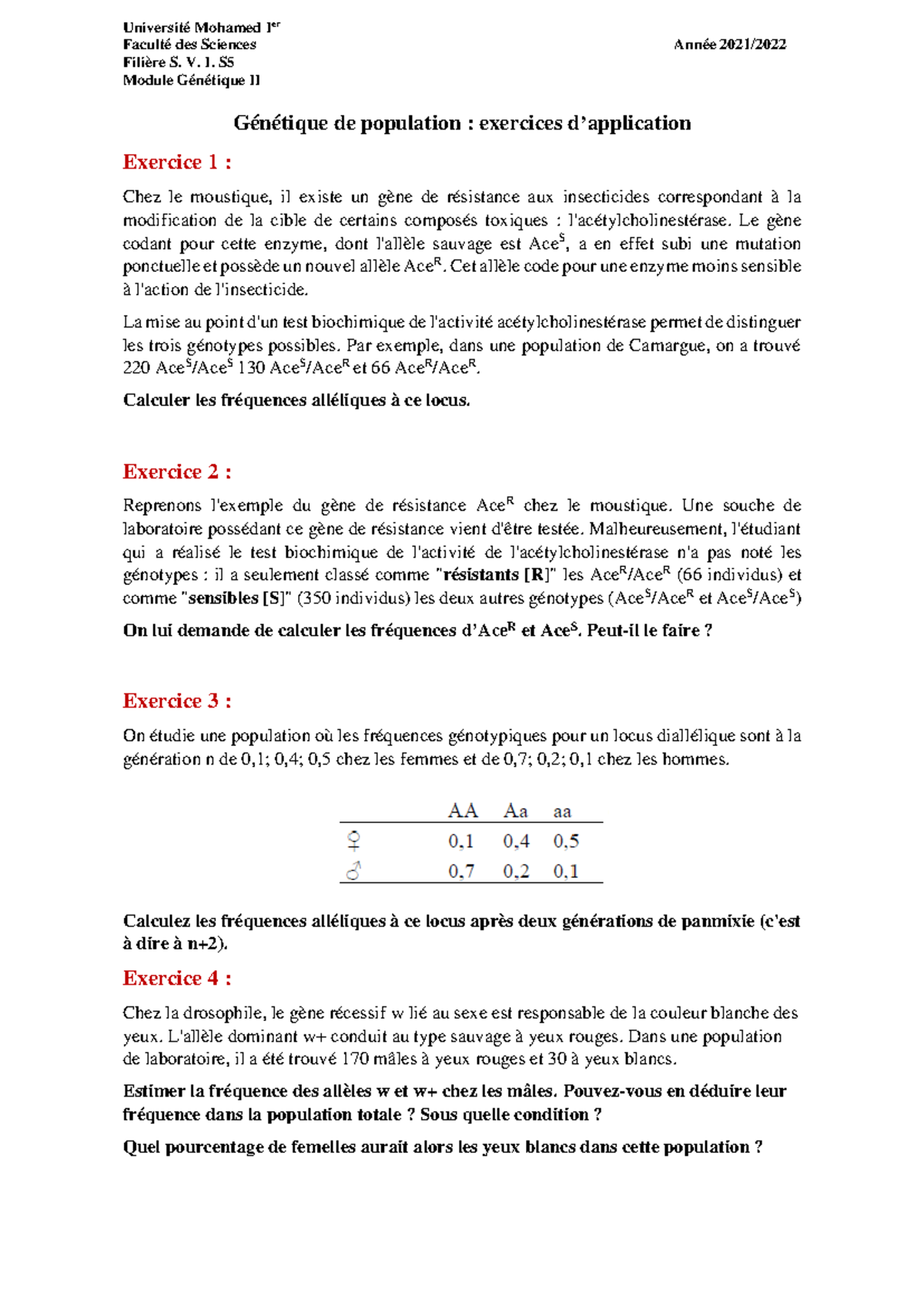 Exercice Dapplication Génetique De Populationgen Université Mohamed