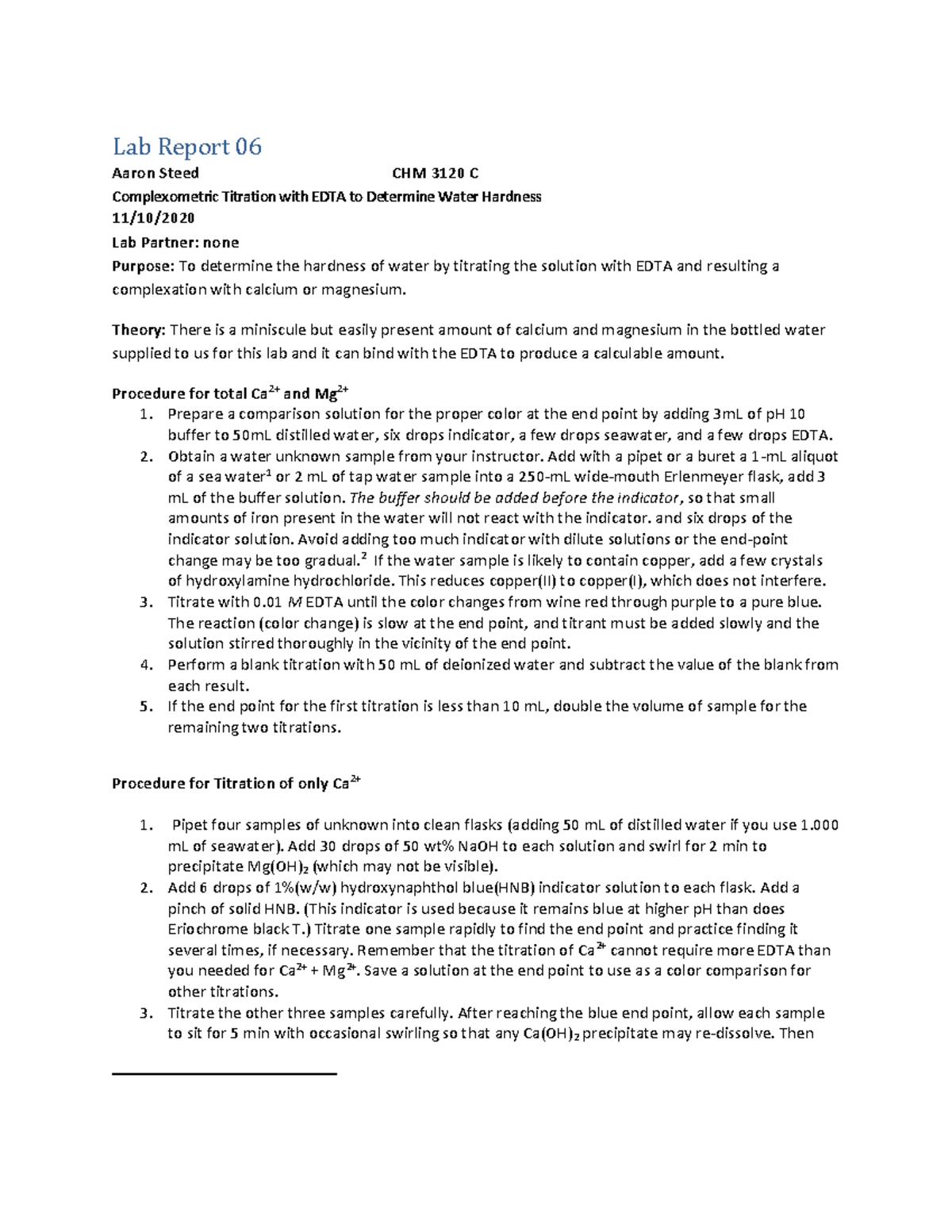 LR06 PDF lab report Lab Report 06 Aaron Steed CHM 3120 C
