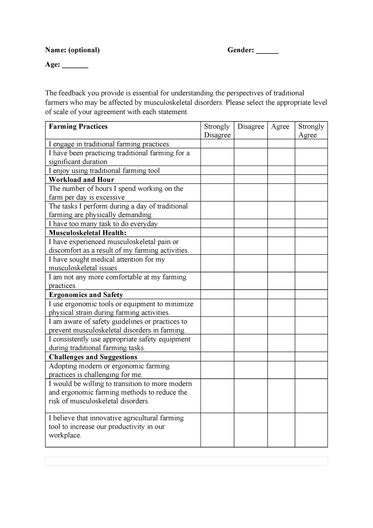 Survey Questionnaire about innovative farming - Name: (optional) Gender ...