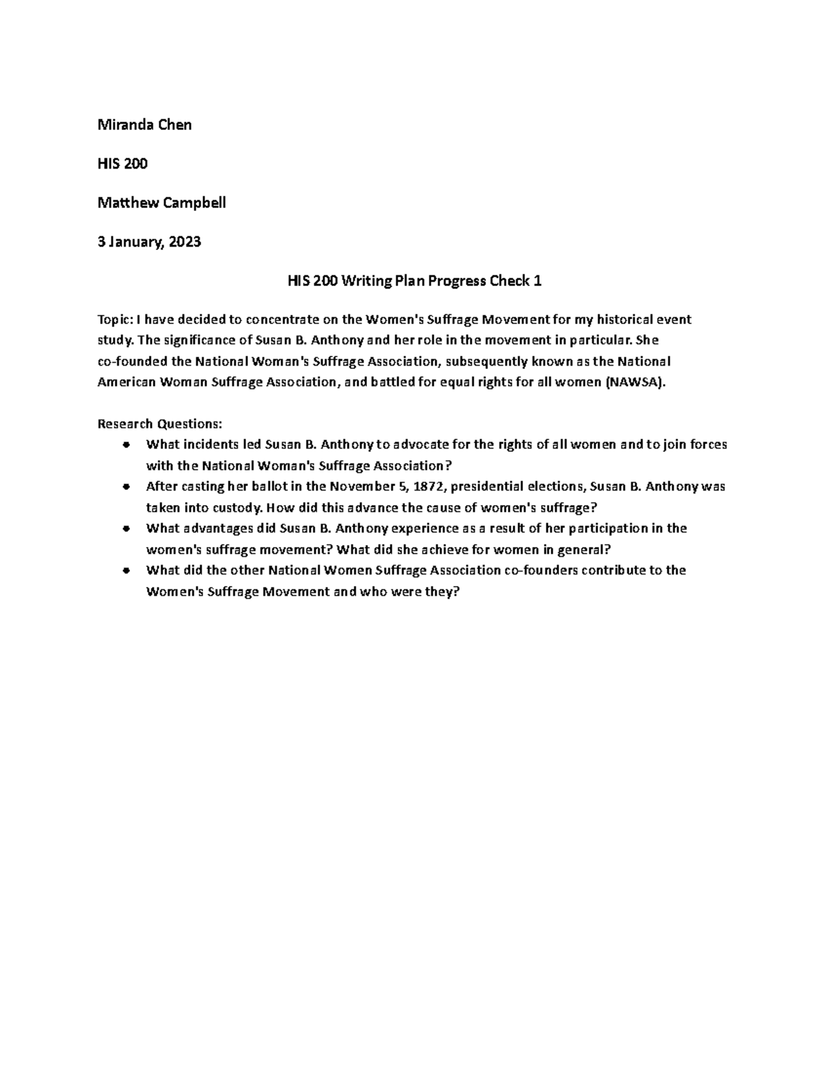 HIS 200 Writing Plan Progress Check 1 - The significance of Susan B ...