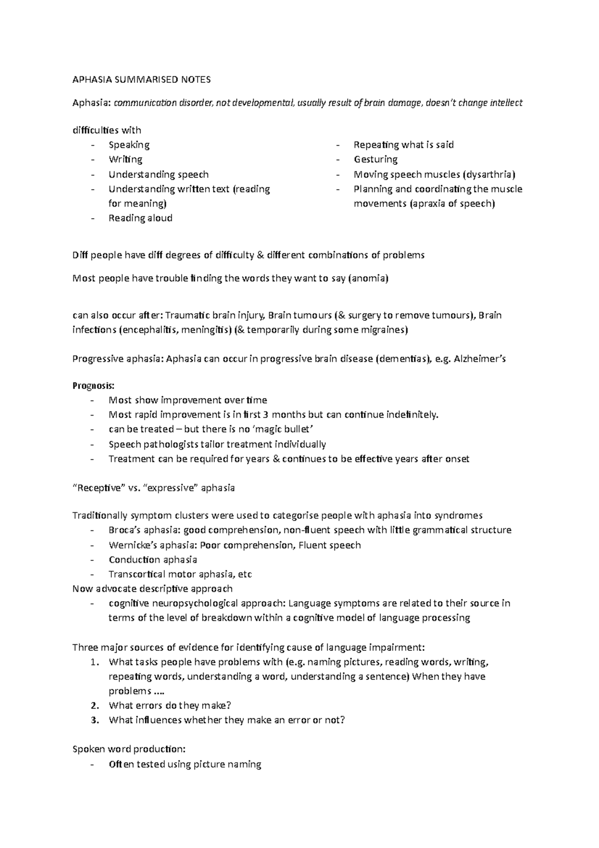 Aphasia Summarised Notes - APHASIA SUMMARISED NOTES Aphasia ...