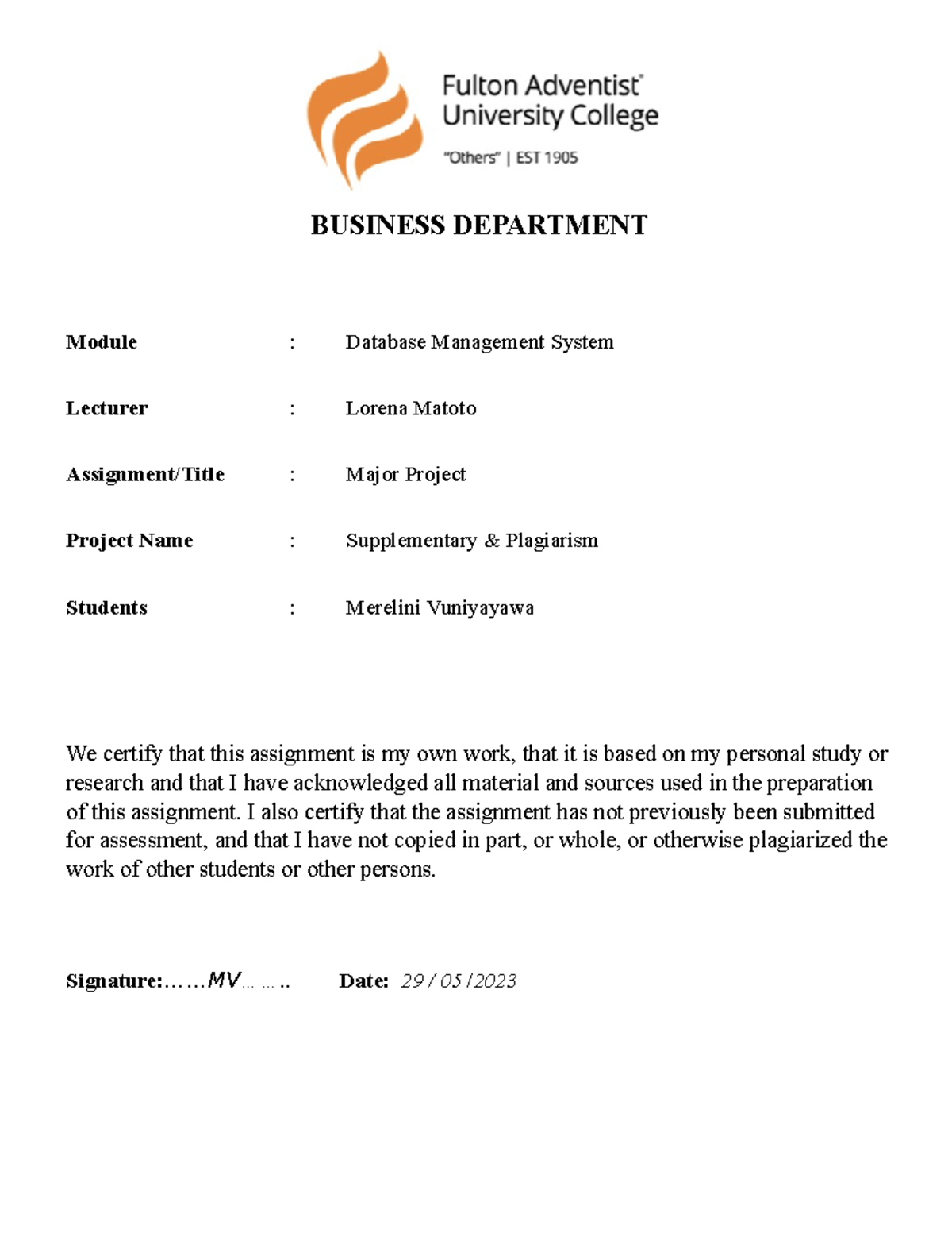 Project Documentation - BUSINESS DEPARTMENT Module : Database ...