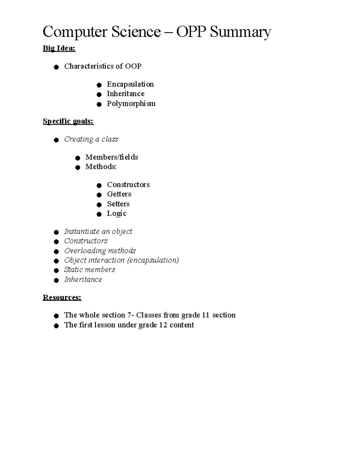 OPP Day One Summary - poo - Big Idea: Characteristics of OOP ...