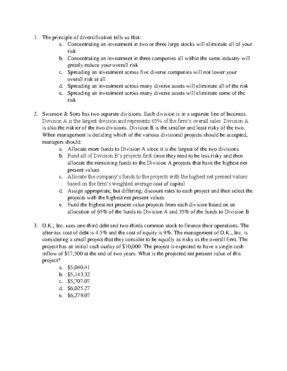 FIN 311 Exam 4 Practice Test 2 - The Principle Of Diversification Tells ...