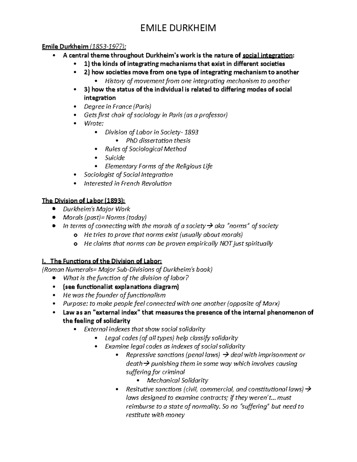 Week 6- Emile Durkheim - Lecture notes 6 - EMILE DURKHEIM Emile ...