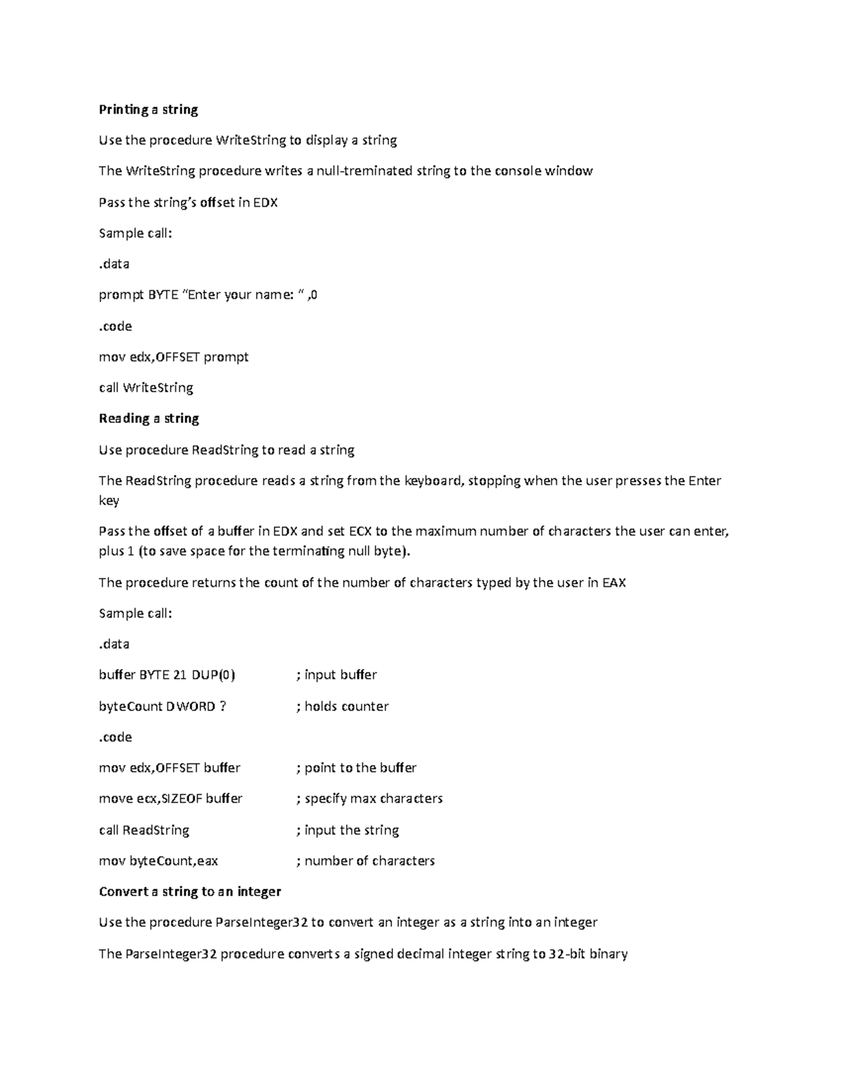 Assembly Lesson 4 N/a Printing a string Use the procedure