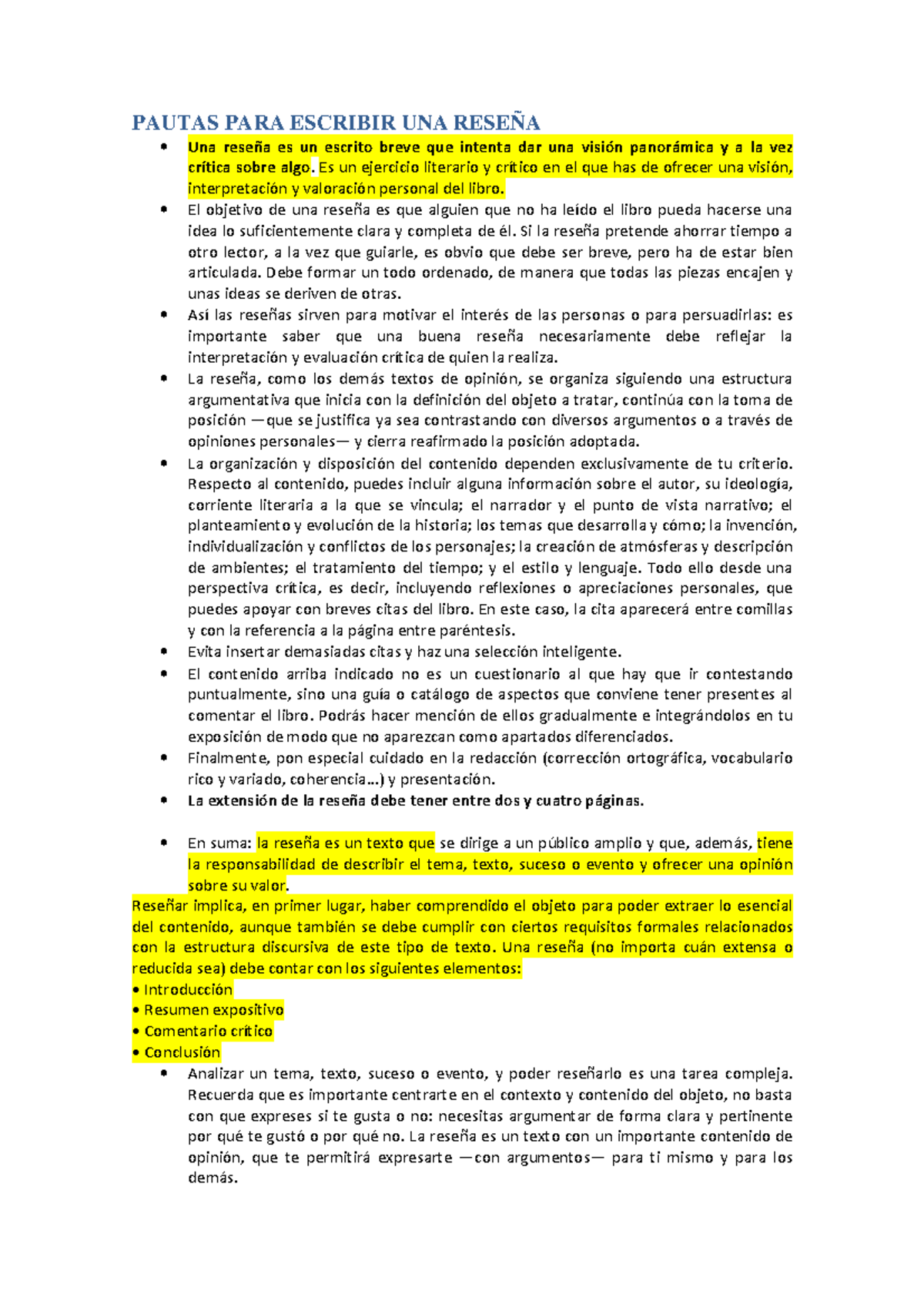Pautas PARA Escribir UNA Reseña - PAUTAS PARA ESCRIBIR UNA RESEÑA Una ...