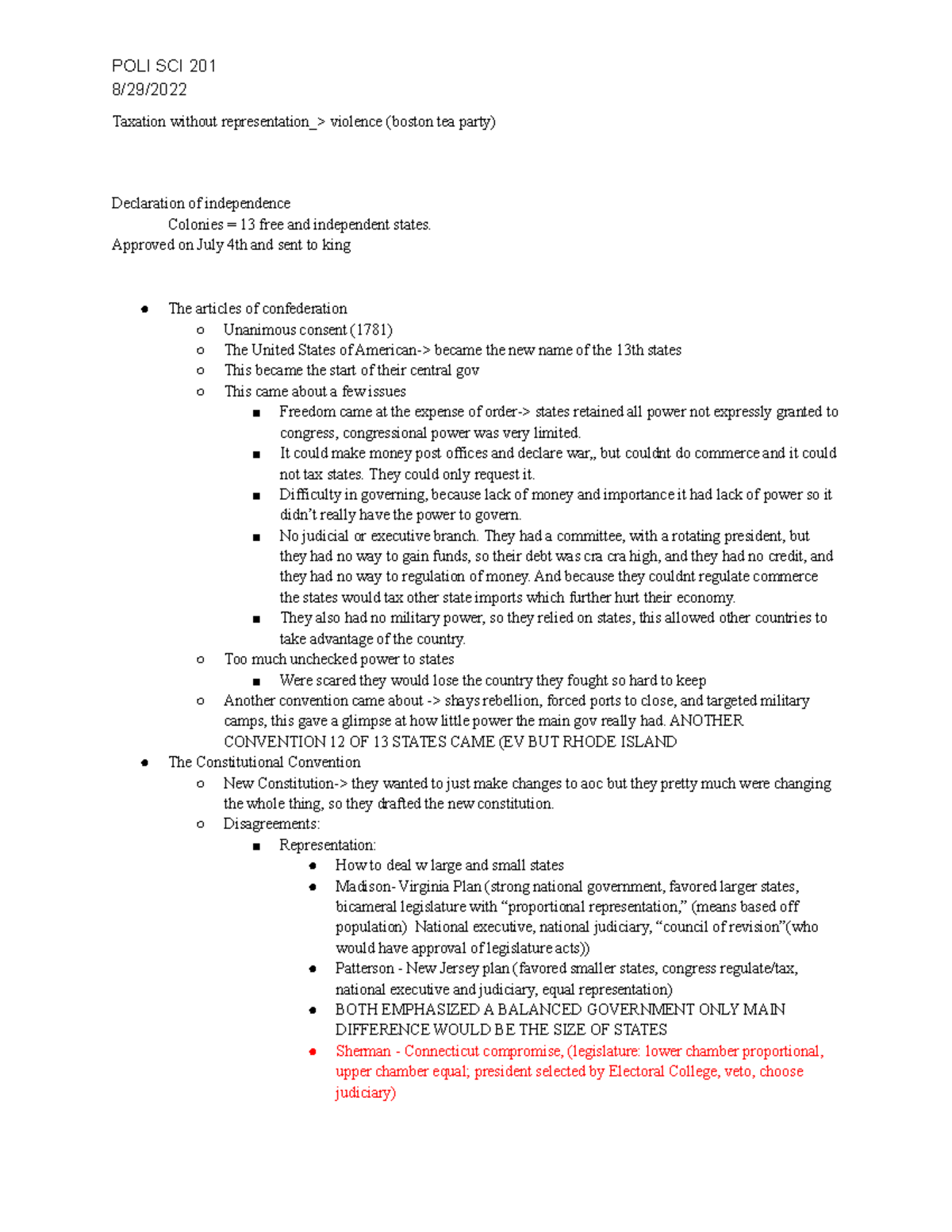 Poli Sci 201 All Exam Notes Before Exam 1 - 8/29/ Taxation Without ...