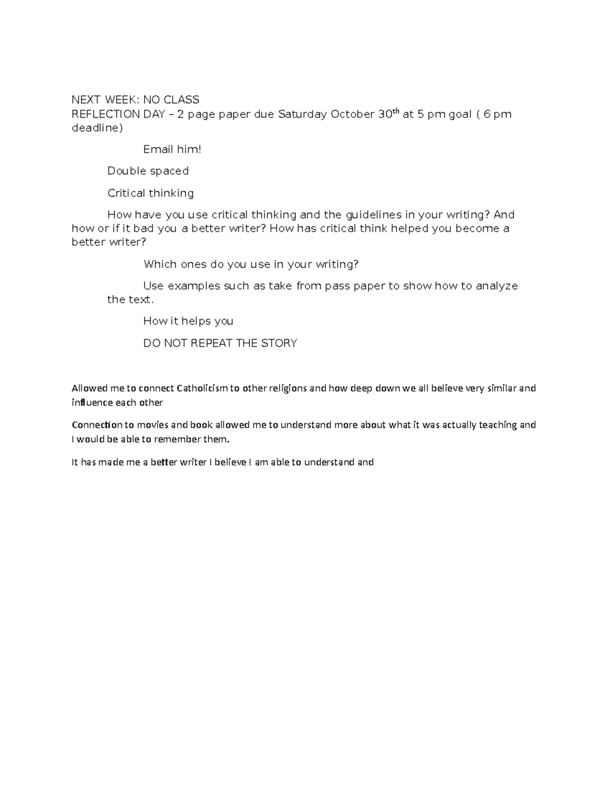 2 page paper info jot - NEXT WEEK: NO CLASS REFLECTION DAY – 2 page ...
