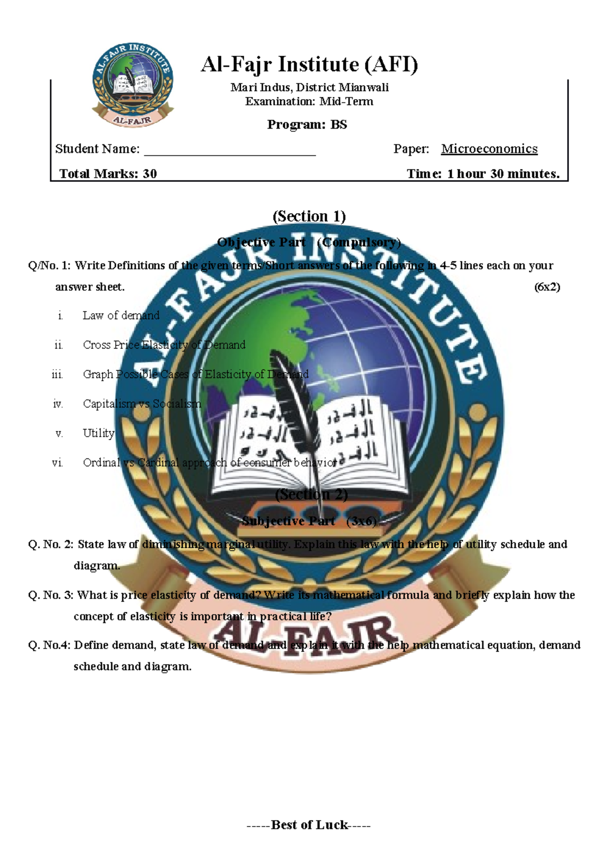 Paper Format - Al-Fajr Institute (AFI) Mari Indus, District Mianwali ...