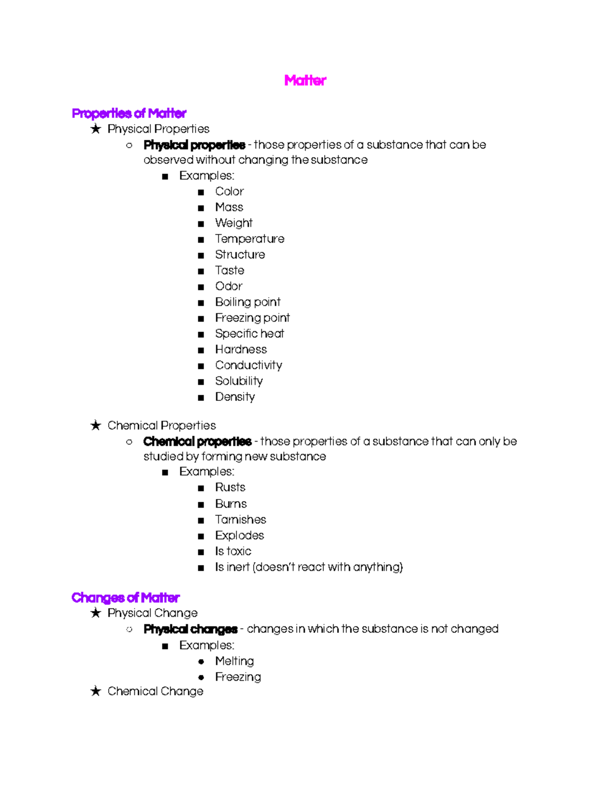 Changes In Matter Notes