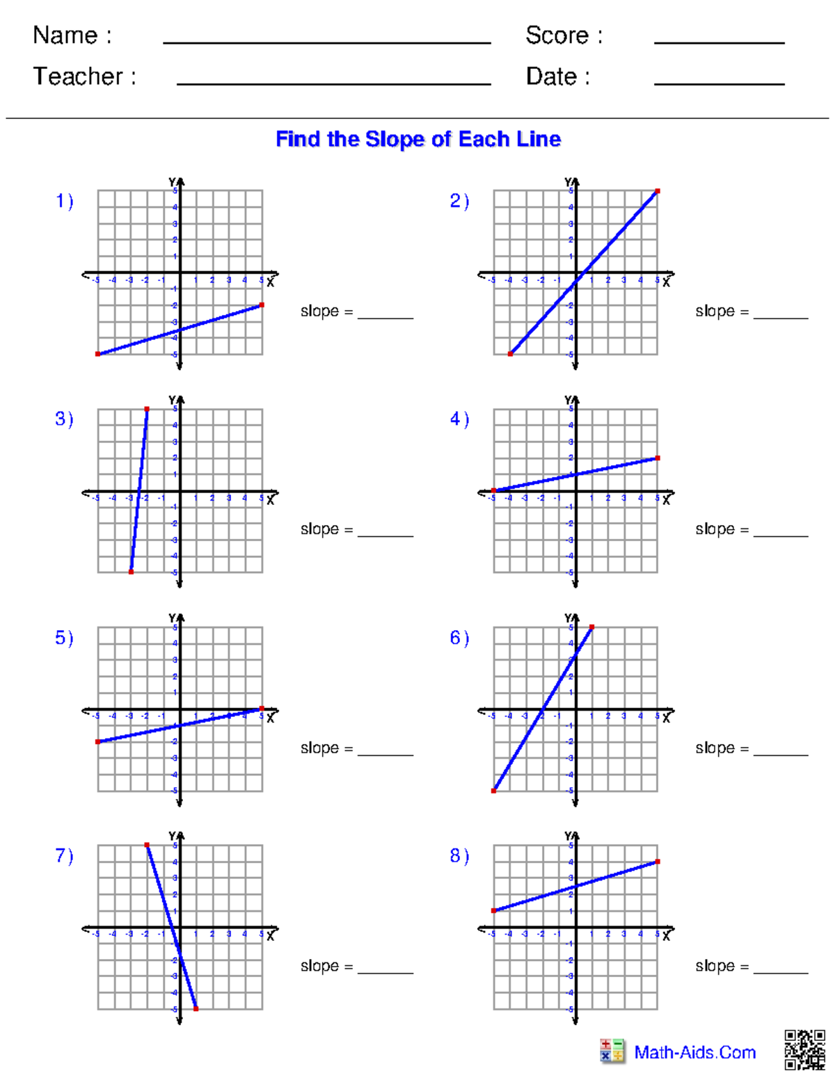 Pre-algebra func slope graph 1 - Name : Teacher : Date : Score : Math ...