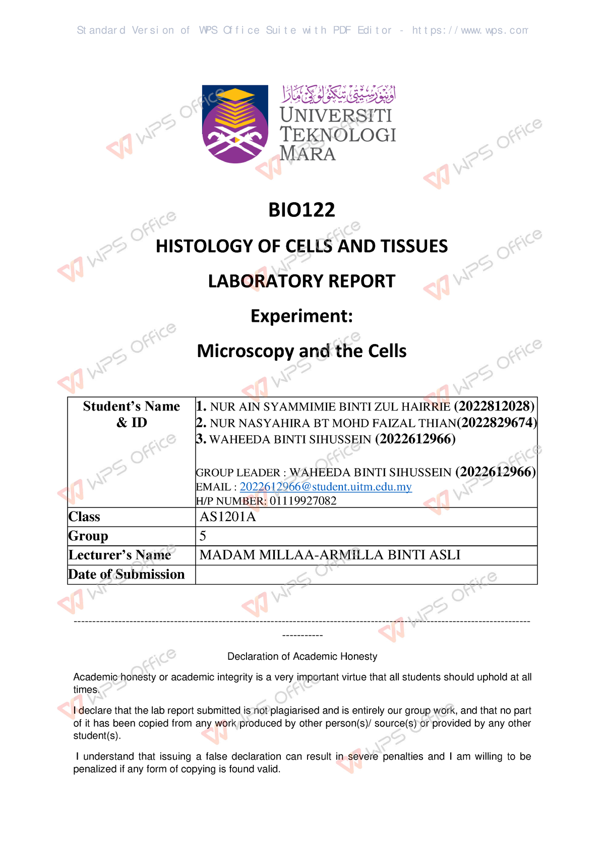 BIO122 LAB Report 1.3 Group 5 - BIO HISTOLOGY OF CELLS AND TISSUES ...