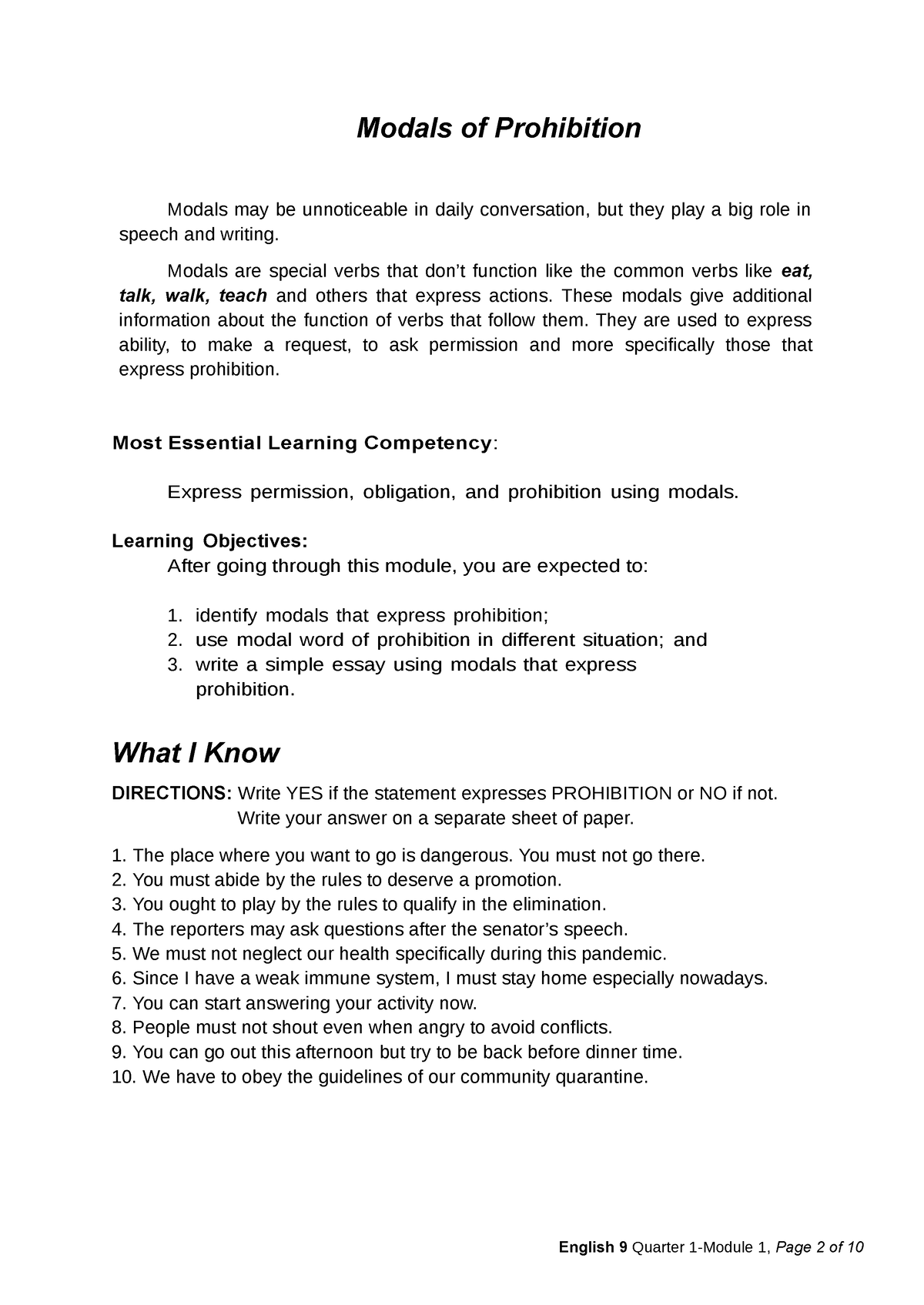 Modals Of Prohibition English 9 Quarter 1 Module 1 Page 2 Of 10 Modals Of Prohibition Modals 3511