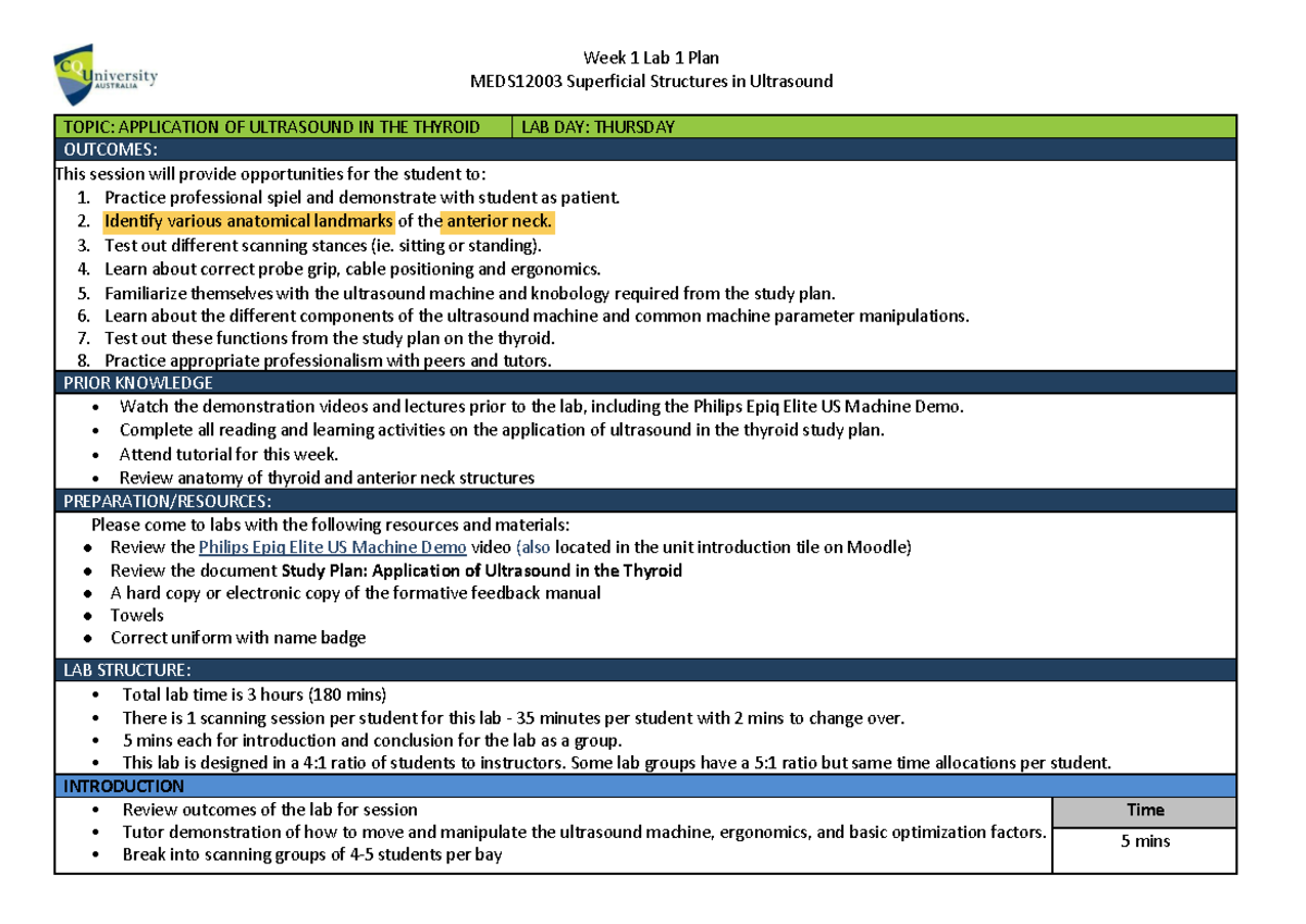 MEDS12003 Lab Plans - Week 1 Lab 1 Plan MEDS12003 Superficial ...