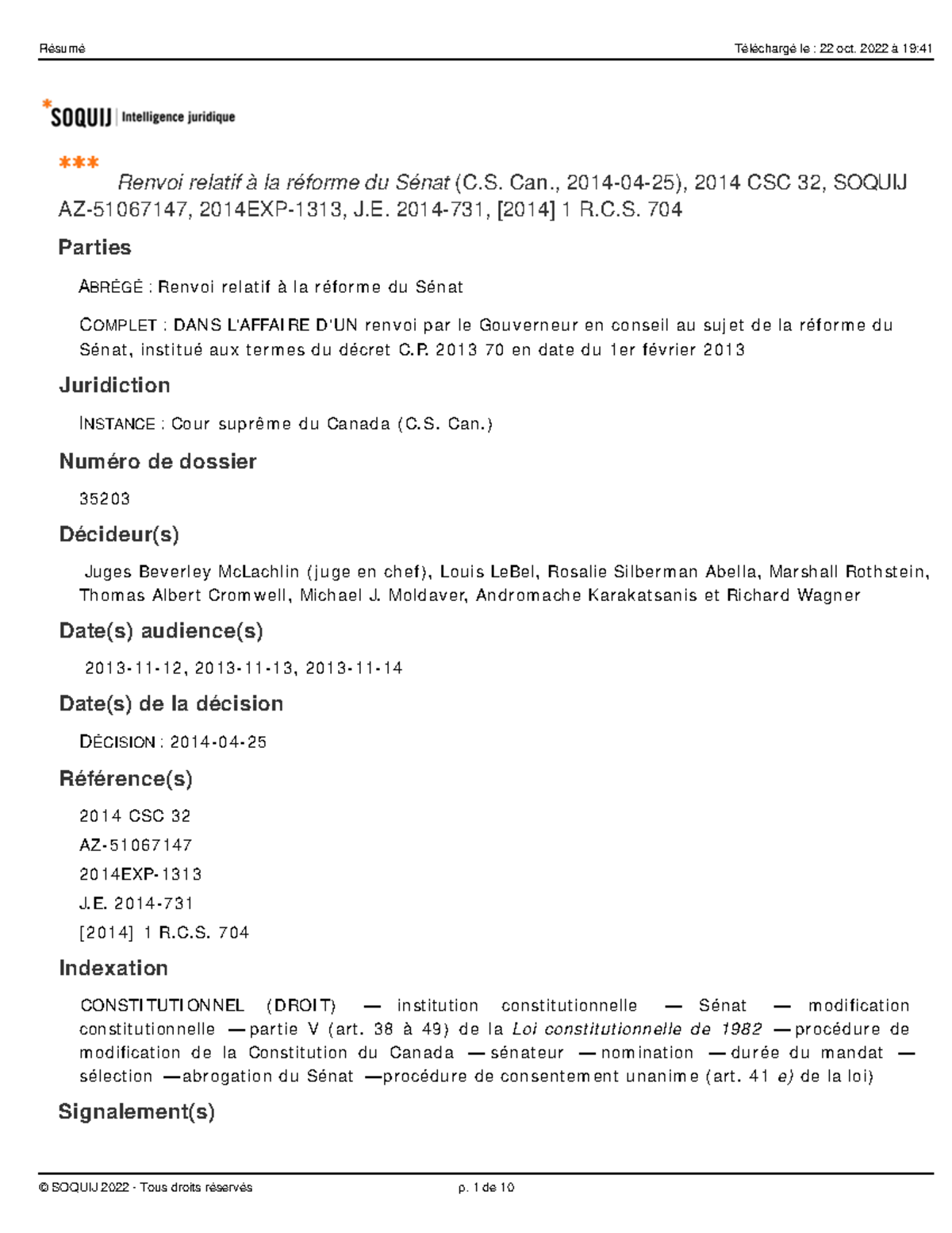 Renvoi résumé Renvoi relatif à la réforme du Sénat (C. Can., 201404