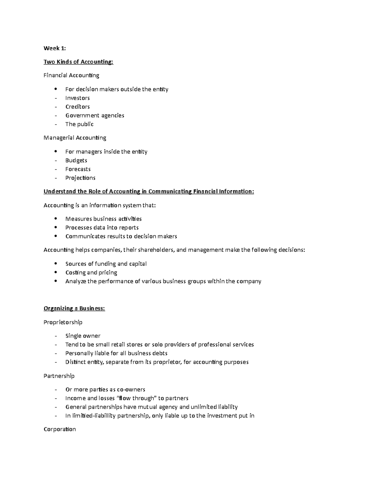 Financial Accounting Notes - Week 1: Two Kinds of Accounting: Financial ...