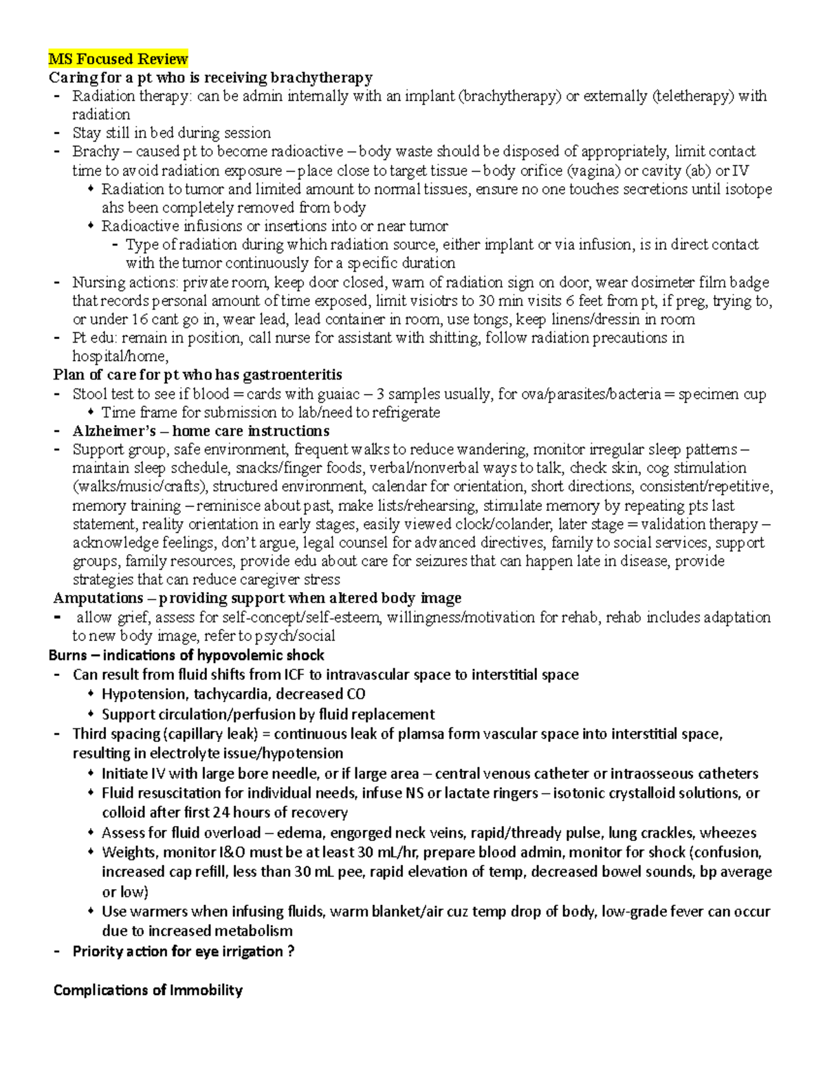 MS Focused Review - MS Focused Review Caring for a pt who is receiving ...