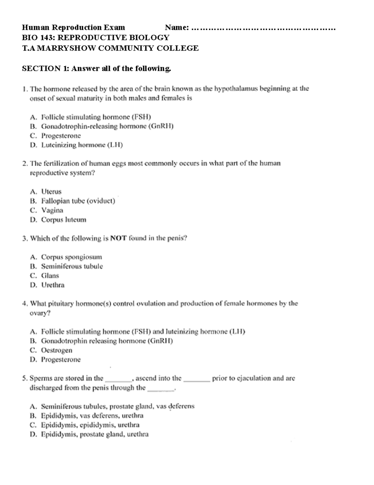 Human Reproduction Exam