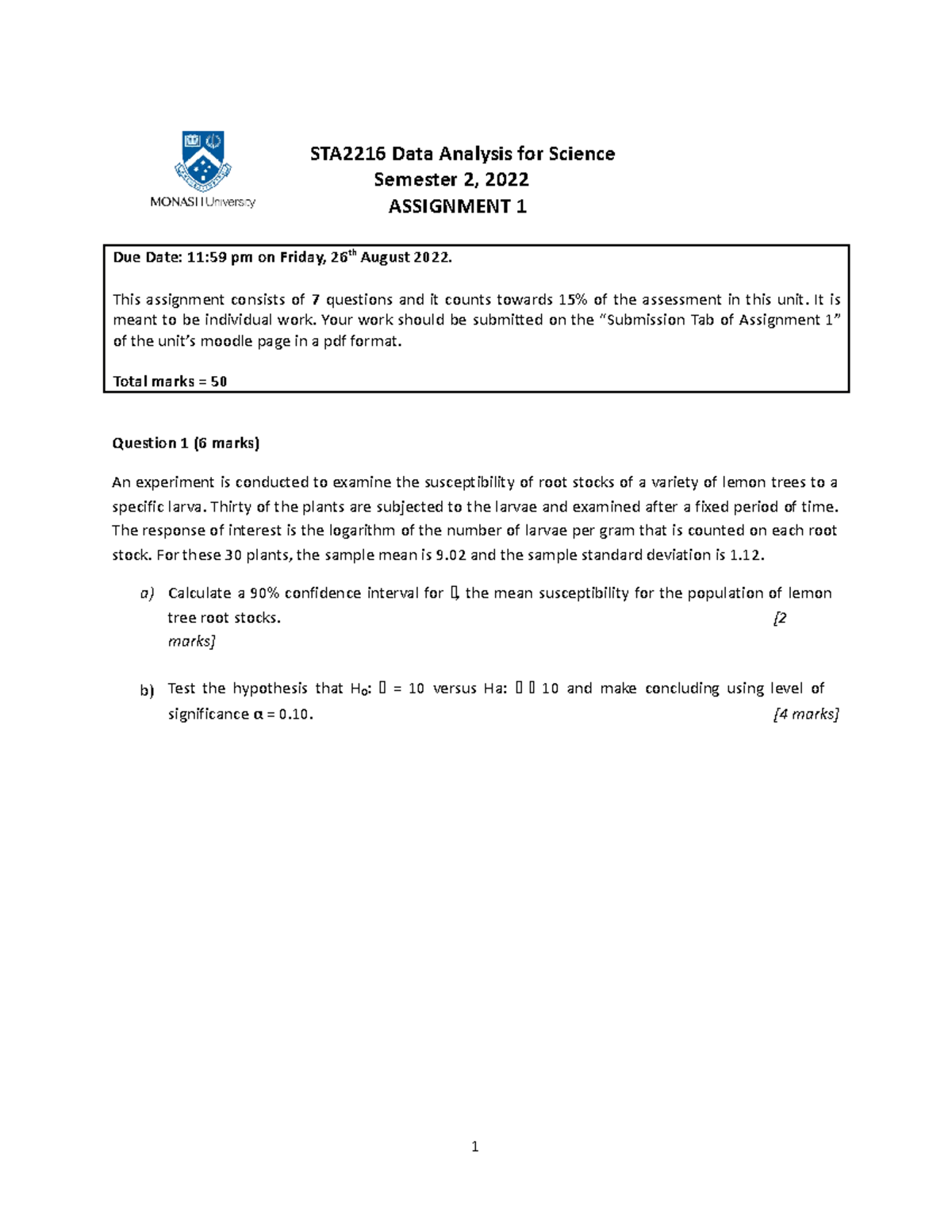 Assignment 1 STA - 1 STA2216 Data Analysis for Science Semester 2, 2022 ...