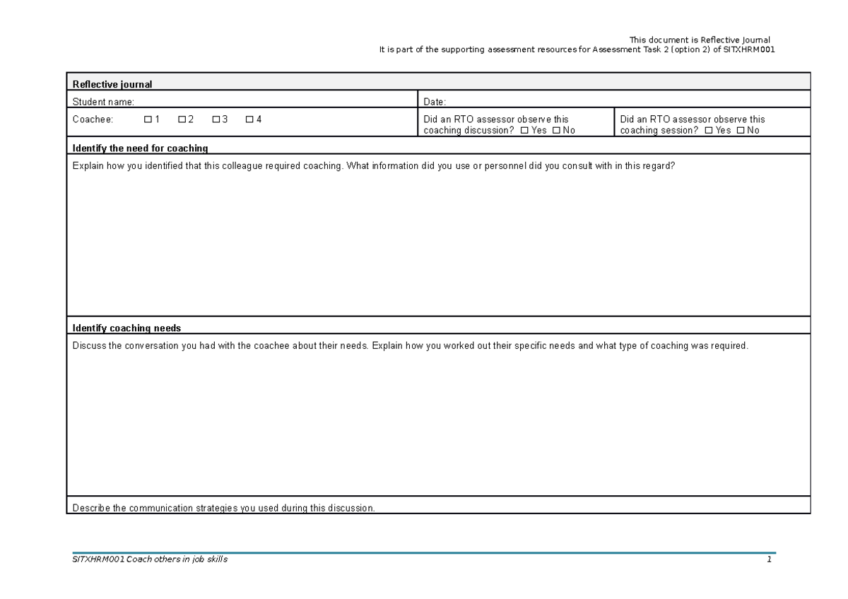 Reflective Journal - N/A - It is part of the supporting assessment ...