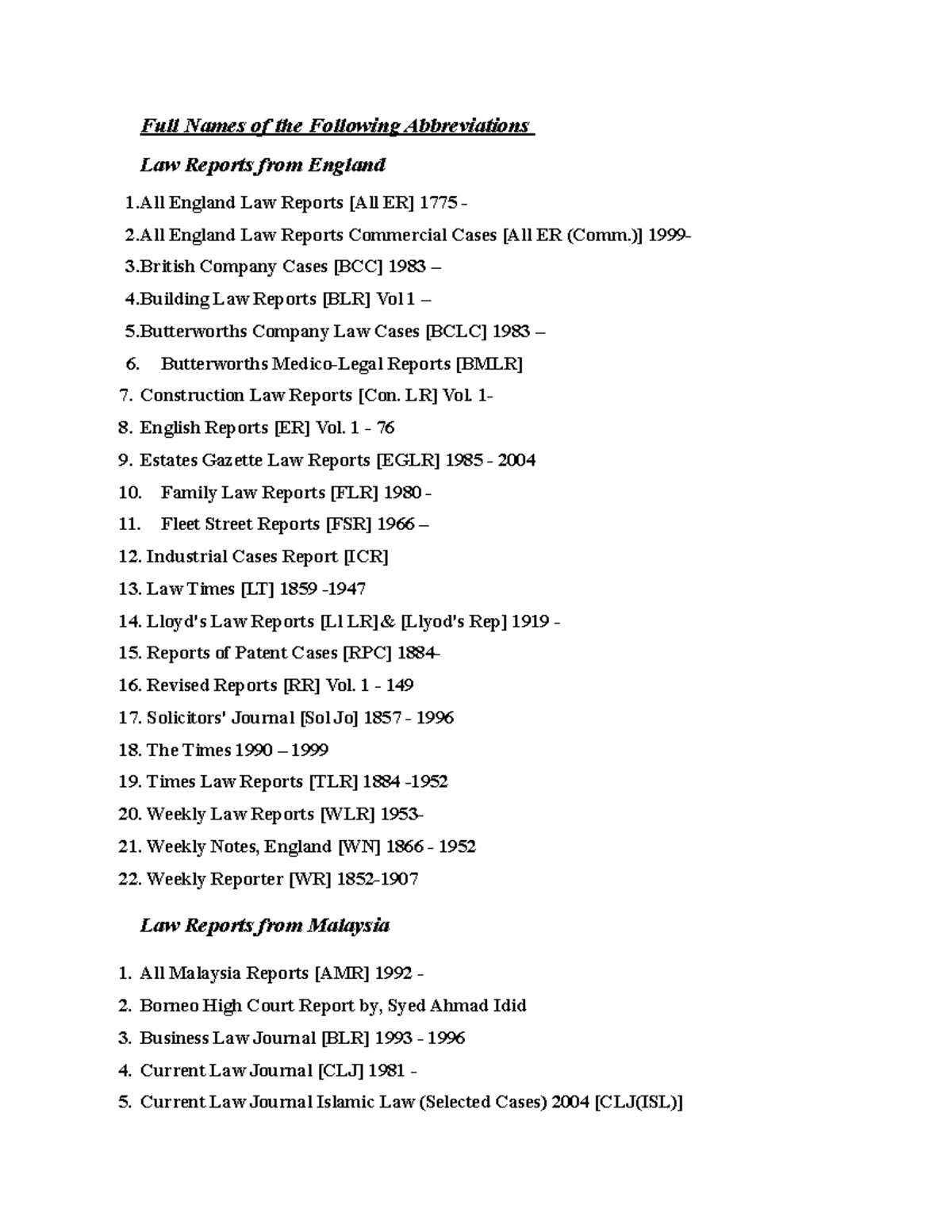 Full Names of the Following Abbreviations )] 1999 3 Company Cases