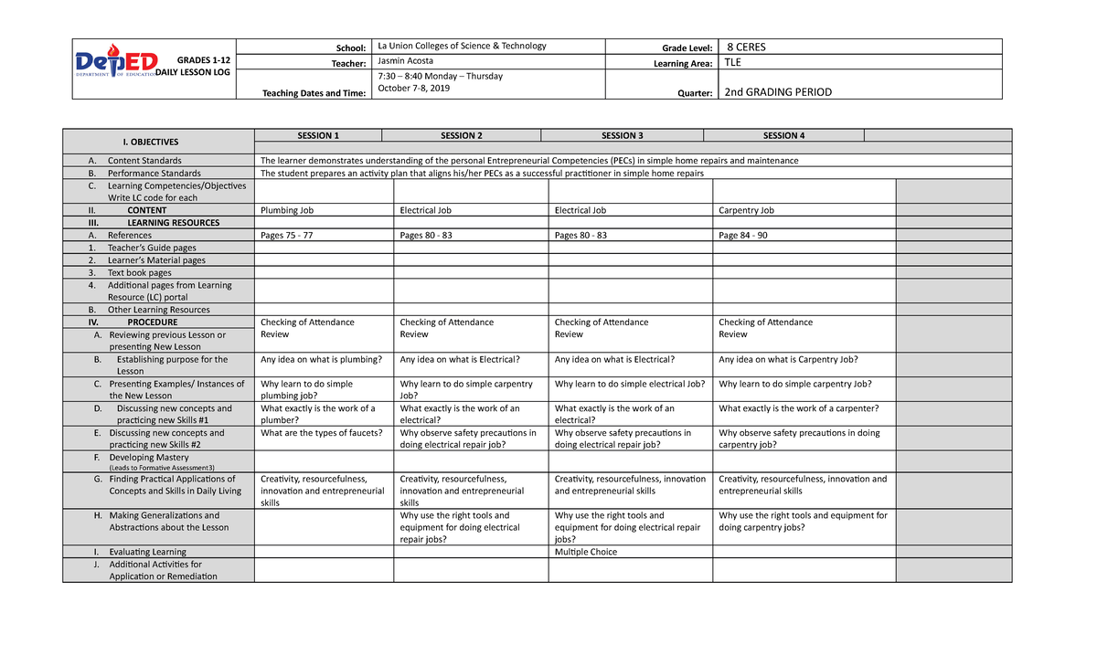 TLE week - TLE - GRADES 1- DAILY LESSON LOG School: La Union Colleges ...