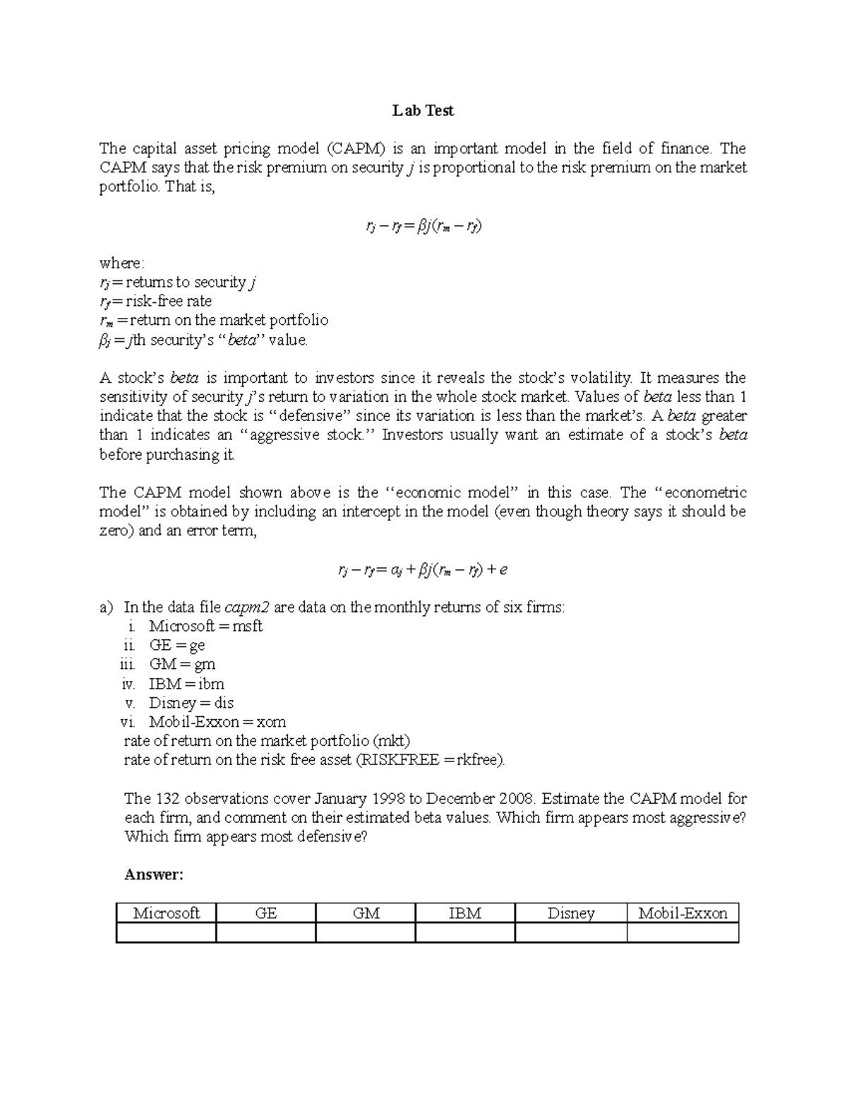 CAPM questions for long case study Lab Test The capital asset pricing