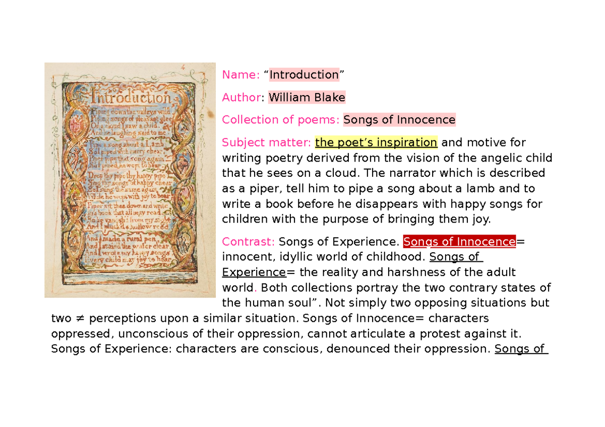 I. to Songs of Innocence and the lamb - Name: “Introduction” Author ...