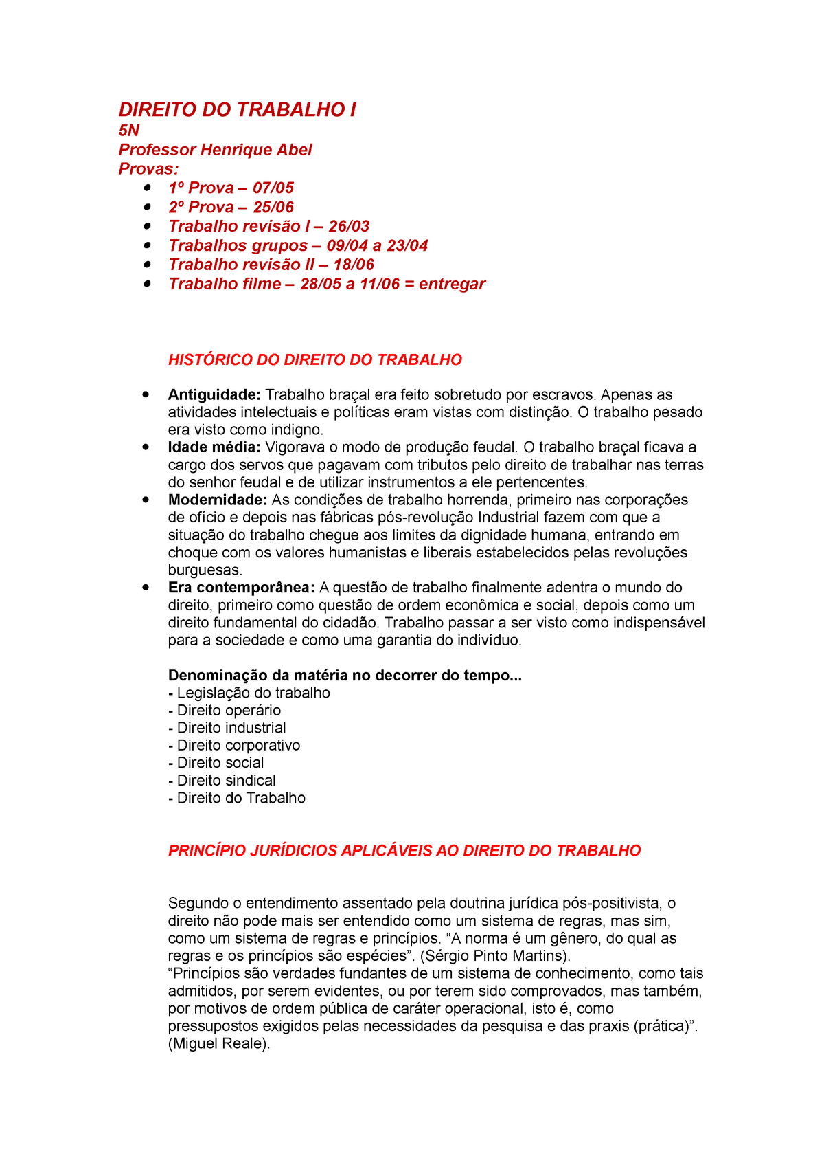 Aulas Resumo Direito Do Trabalho I Direito Do Trabalho I 5n Professor Henrique Abel Provas 0331