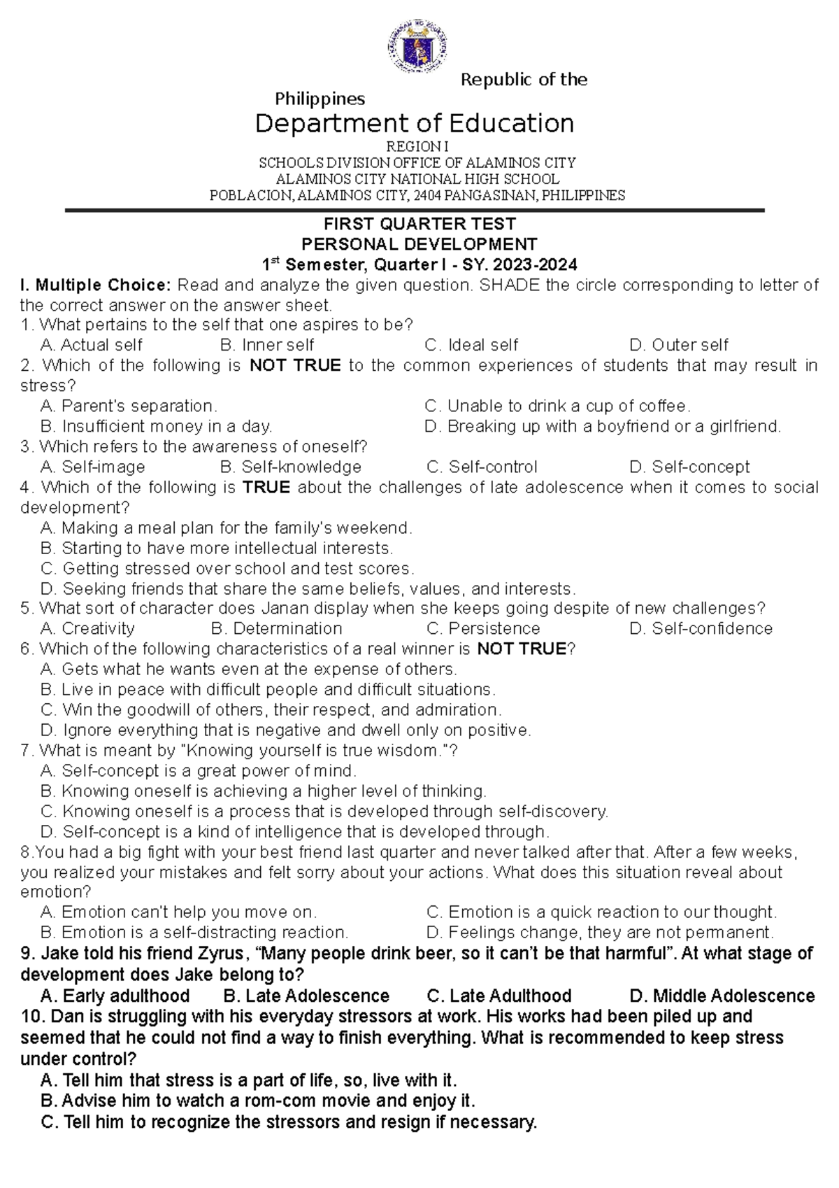 Per dev 1st quarter final booklet - Republic of the Philippines ...