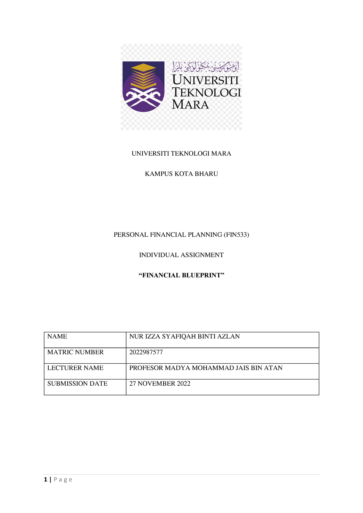 Financial Blueprint FIN533 - UNIVERSITI TEKNOLOGI MARA KAMPUS KOTA ...