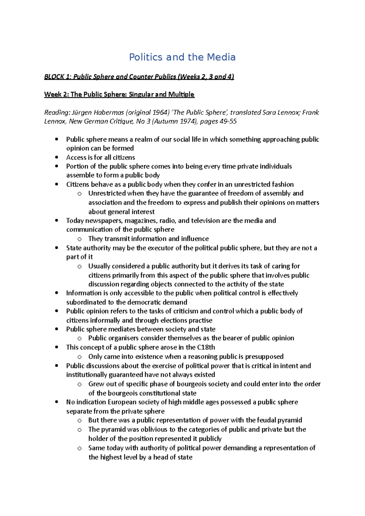 Week 2 Summary Notes - Politics and the Media BLOCK 1: Public Sphere ...