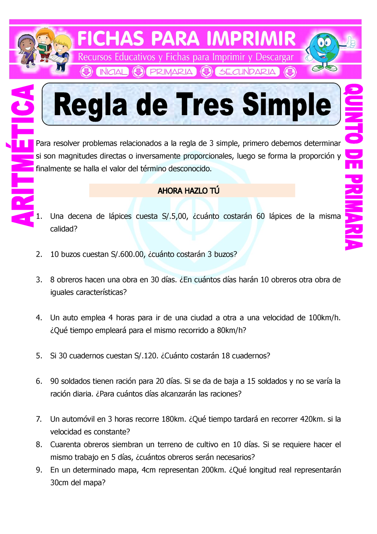 Ejercicios De Regla De Tres Simple Para Quinto De Primaria Para