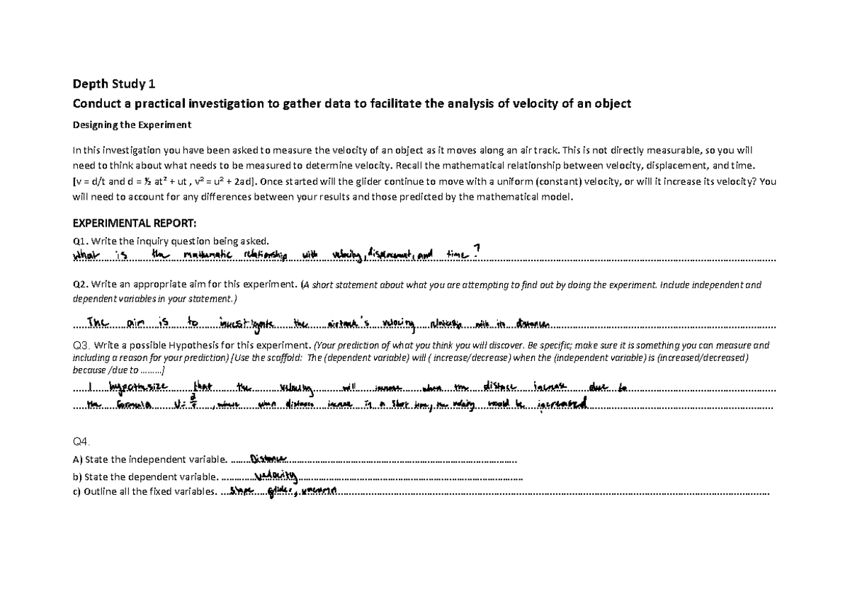 Depth Study 1 Velocity - Depth Study 1 Conduct a practical ...