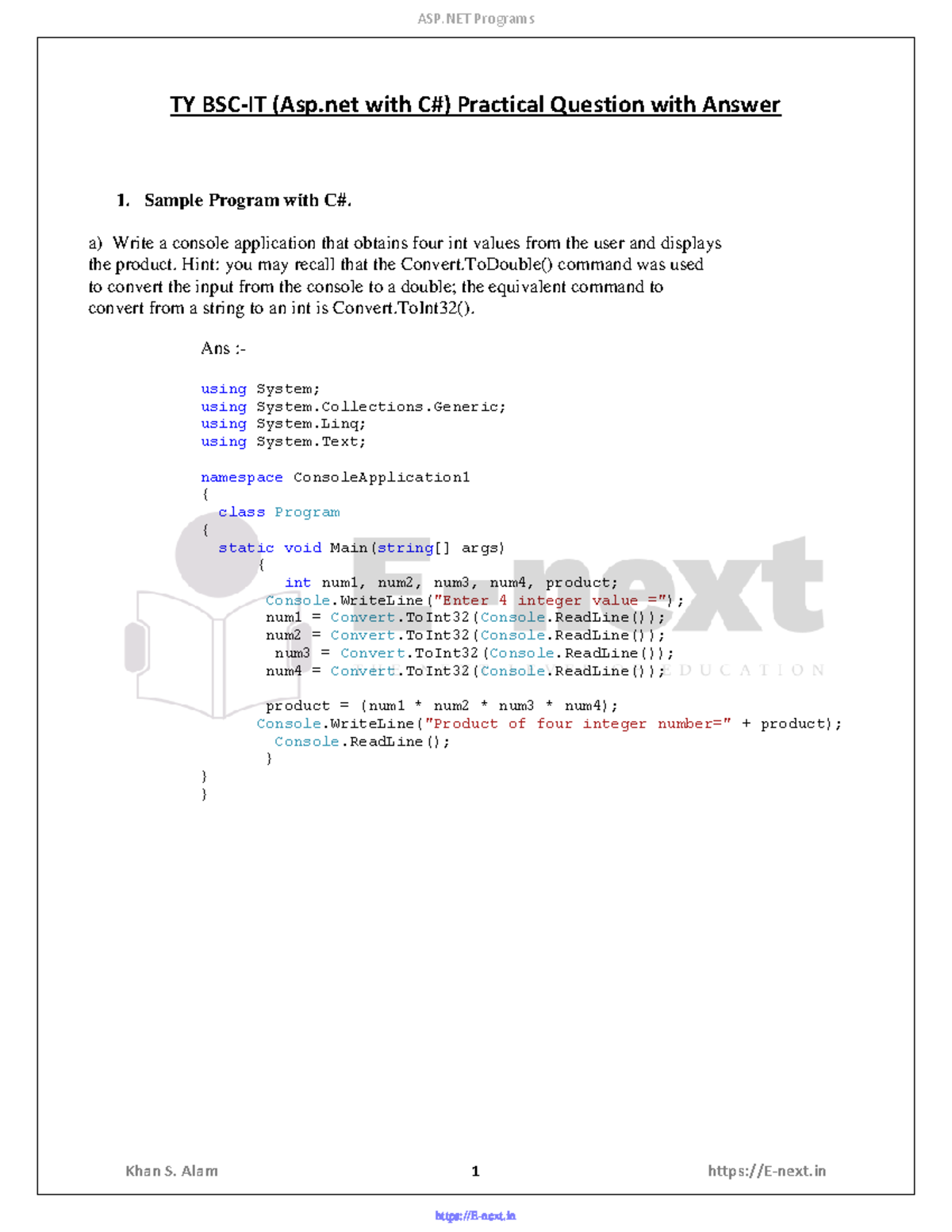 ASP.NET Programs (E-next.in) - Khan S. Alam 1 E-next TY BSC-IT (Asp ...