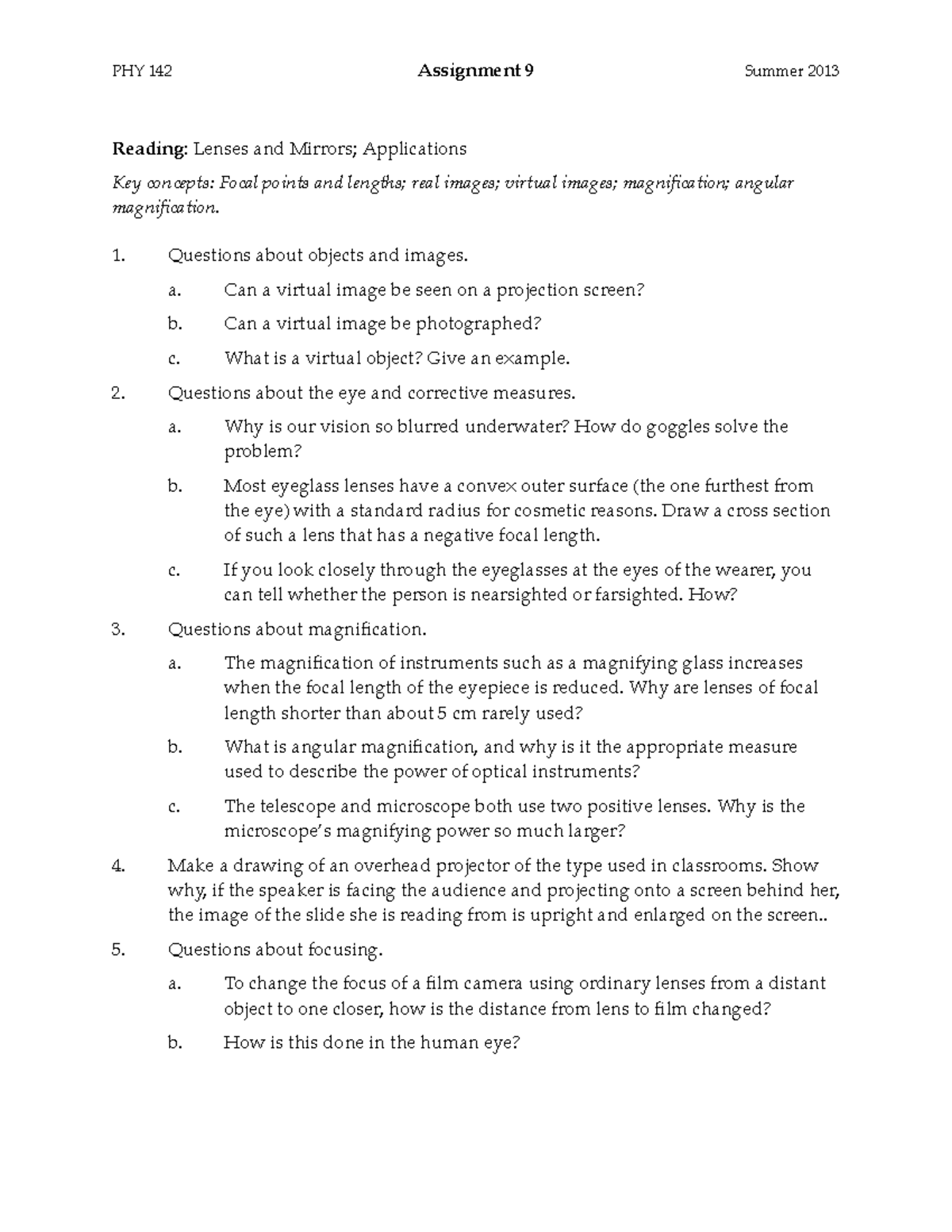 Seminar assignments assignment 9 PHY 142! Assignment 9! Summer 2013