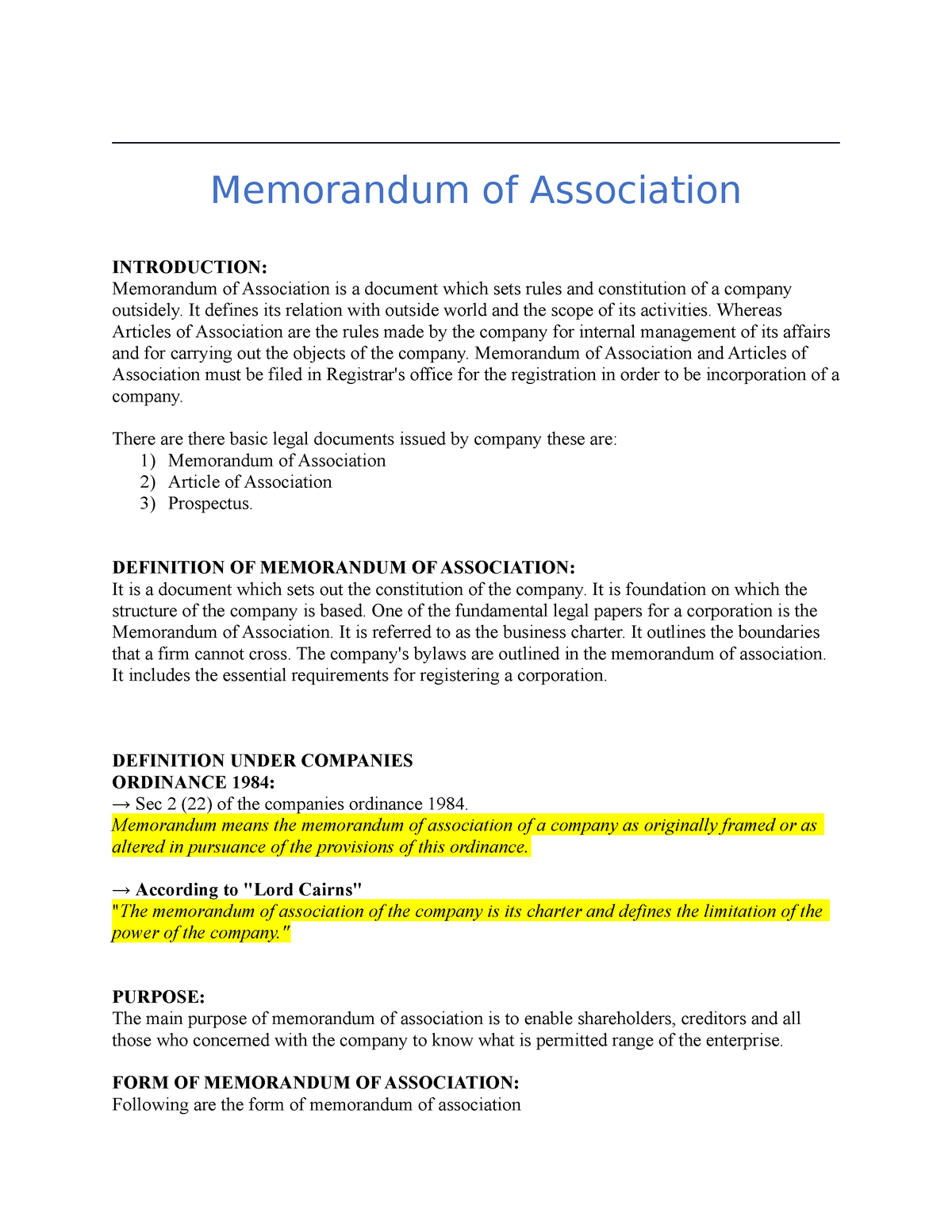 Memorandum And Article Of Association Memorandum Of Association Introduction Memorandum Of 2224