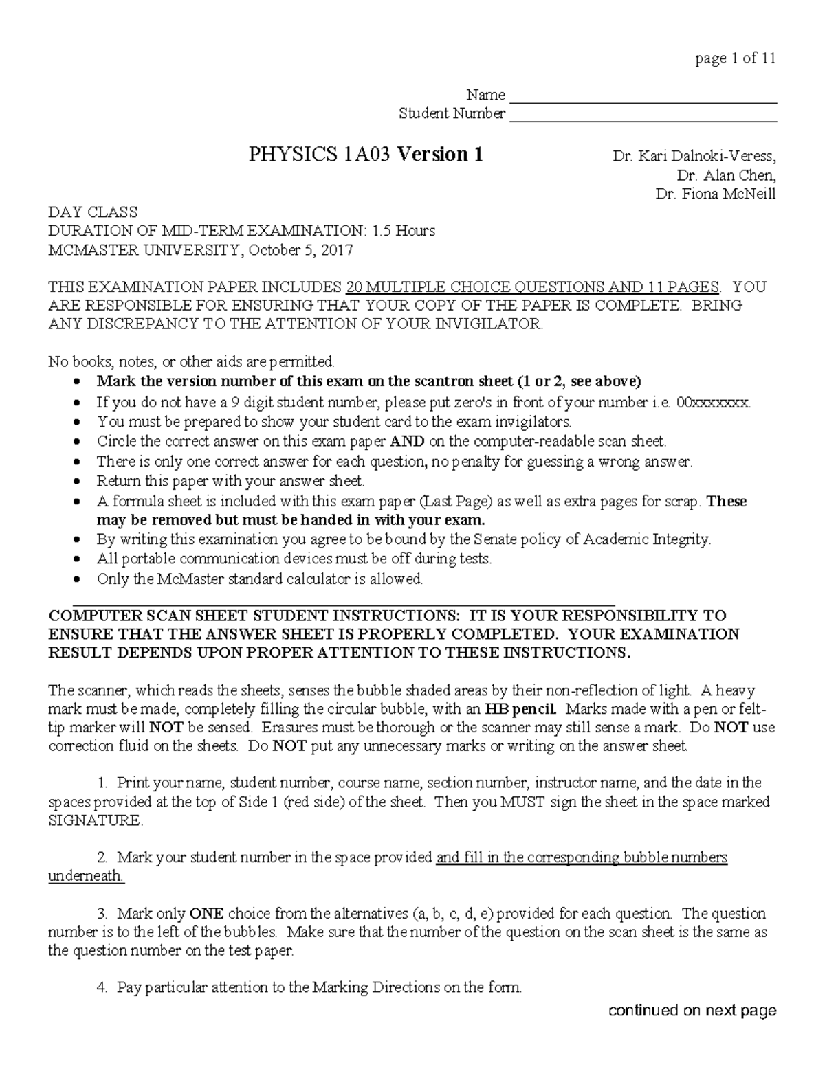 Test 1 Fall 2017 - Test 1 Fall 2017 - PHYSICS 1A03 - McMaster - Studocu