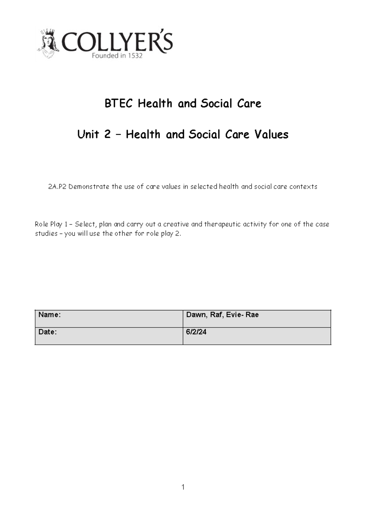 Therapeutic Activity copy BTEC Health and Social Care Unit 2 Health