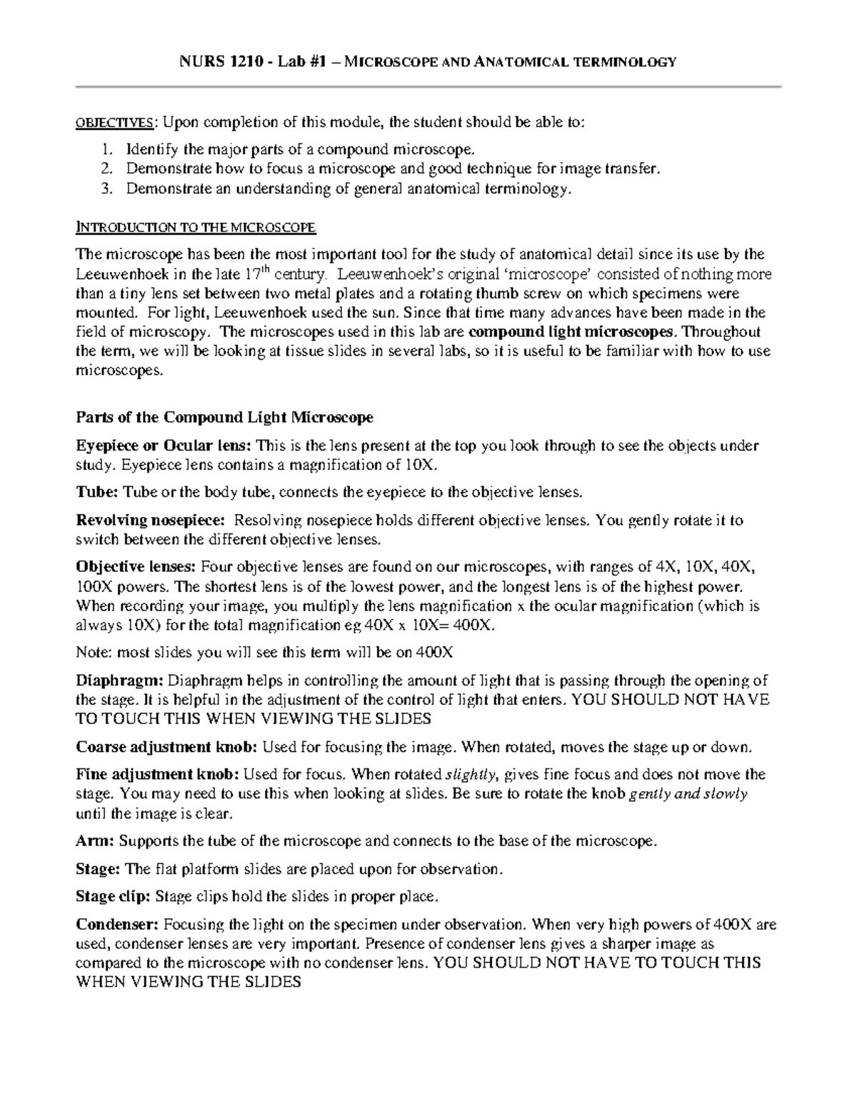 NURS 1210 Lab 1-Intro and Terminology - OBJECTIVES: Upon completion of ...