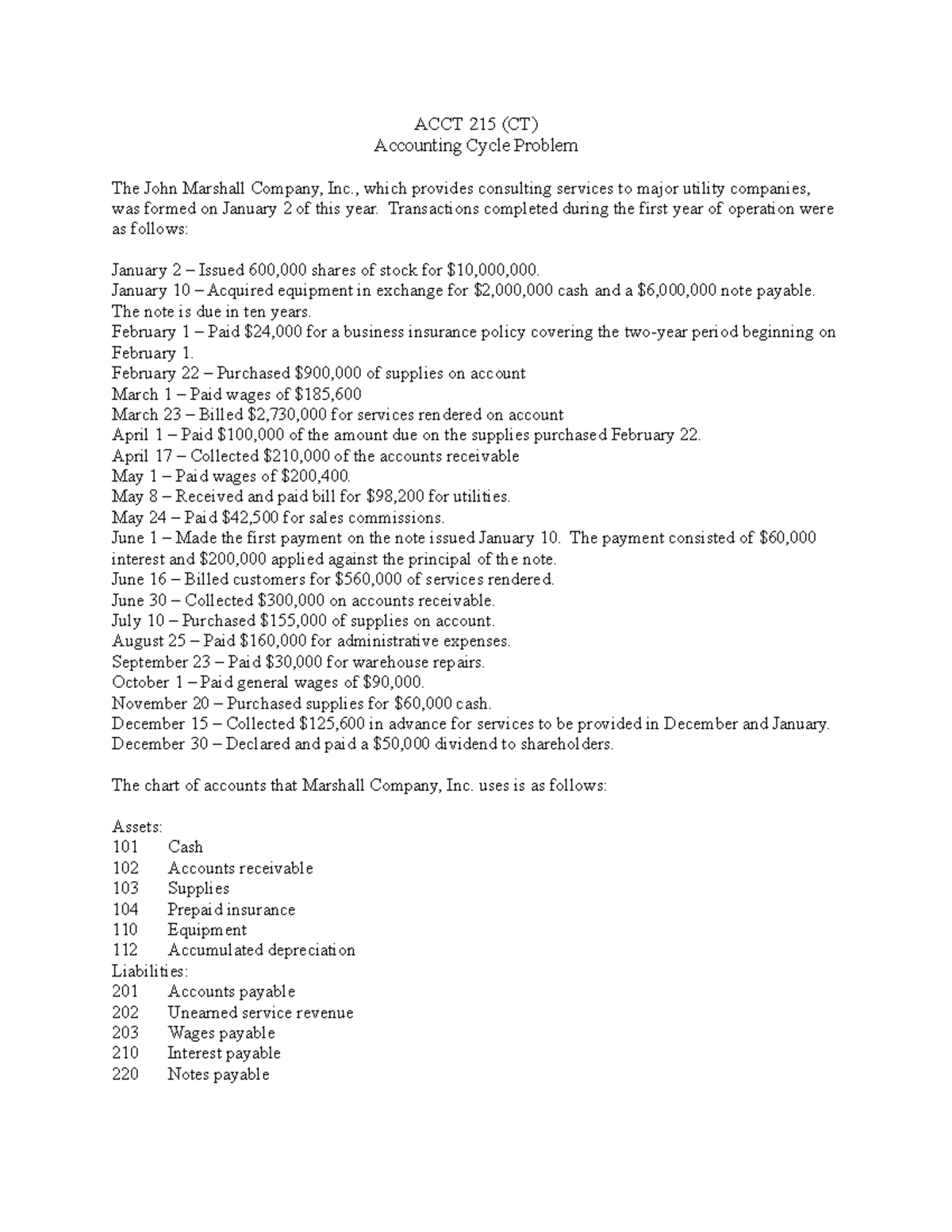 Acc 215 Accounting Cycle Problem - Acct 215 (ct) Accounting Cycle 