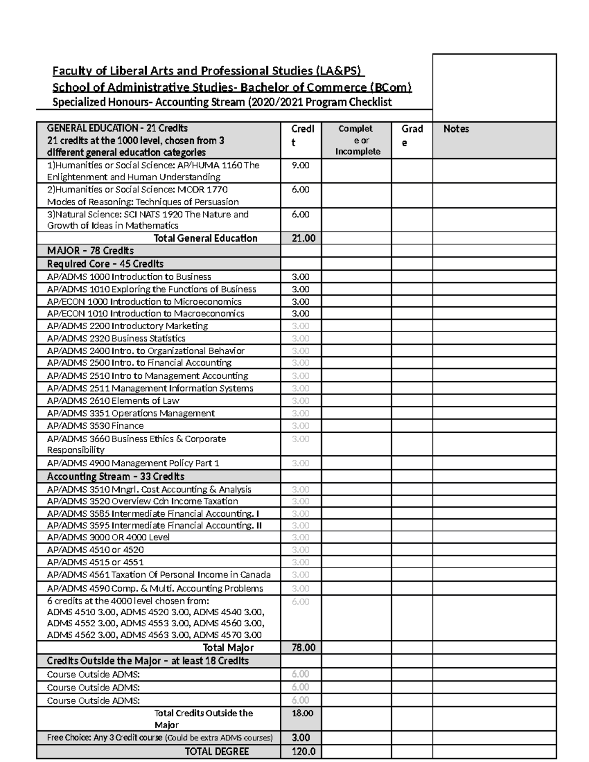 Program Checklist York University for BCOM students - Faculty of ...