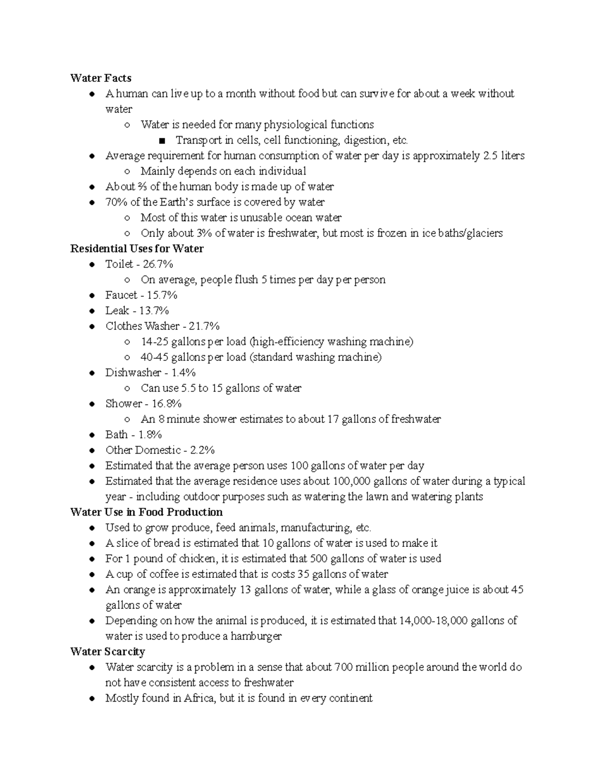 Ch. 9 Water Quality Notes on lecture videos Water Facts A human