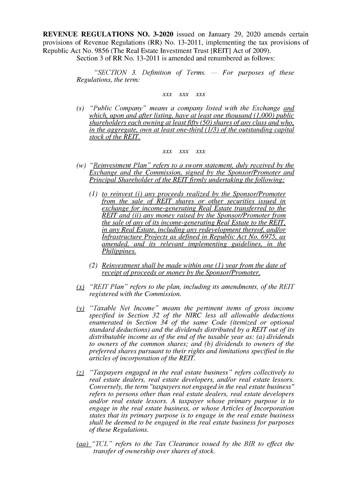 RR No. 3-2020 - Tax - REVENUE REGULATIONS NO. 3-2020 issued on January ...