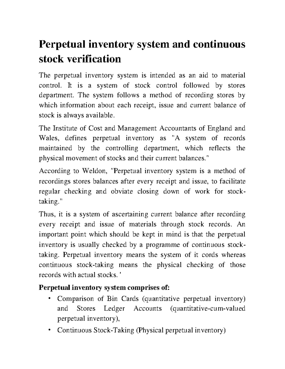 Perpetual inventory system and continuous stock verification