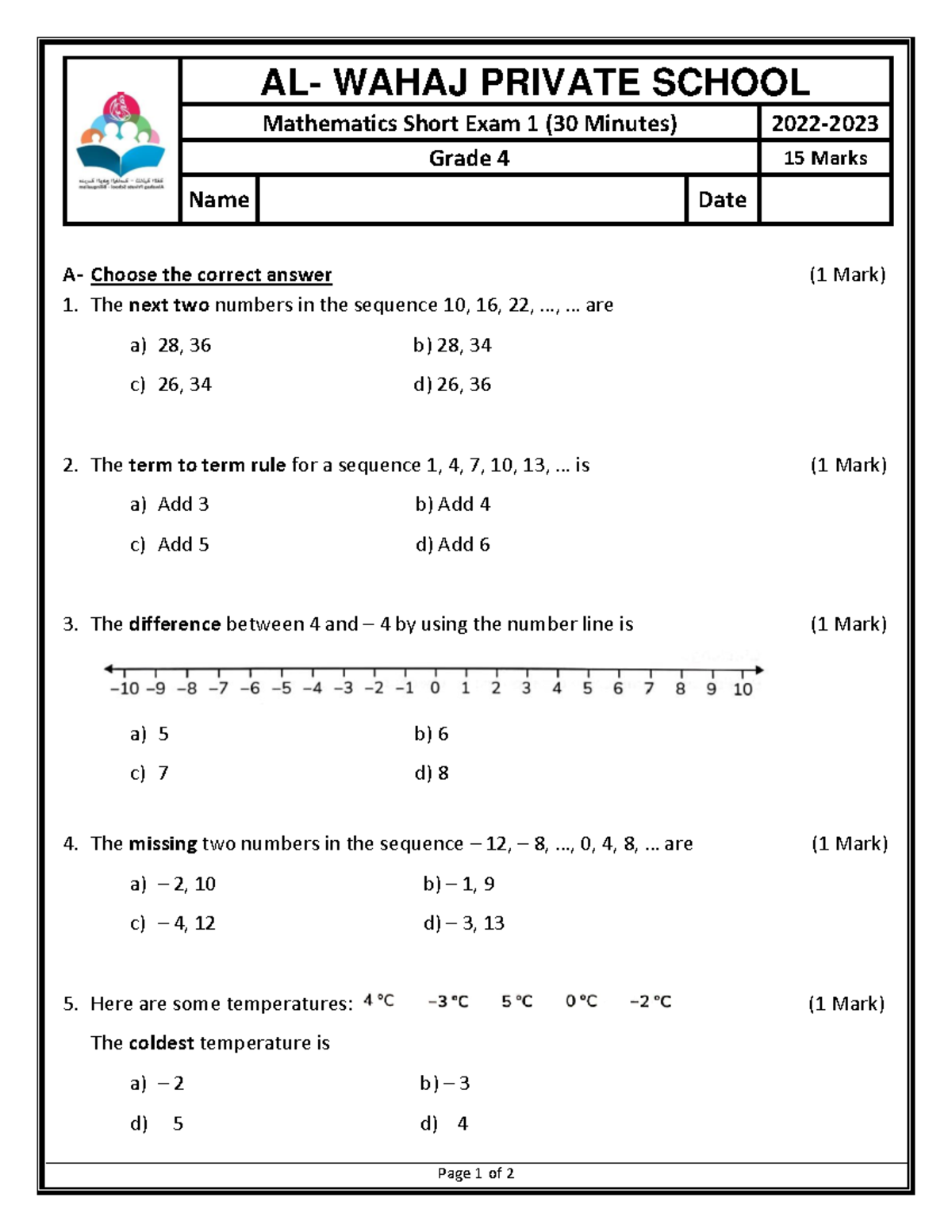 Math Short Exam-1 Grade-4 Update - Page 1 of 2 AL- WAHAJ PRIVATE SCHOOL ...
