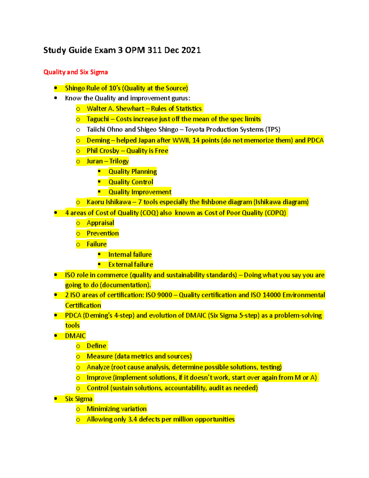 Exam 3 Study Guide - review sheet - Study Guide Exam 3 OPM 311 Dec 2021 ...