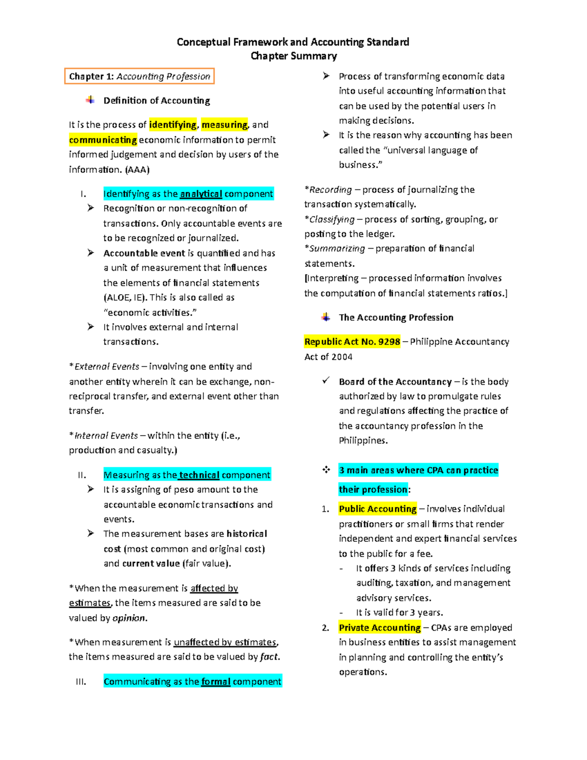 CFAS Chapters Summary - Notes - Chapter Summary Chapter 1: Accounting ...